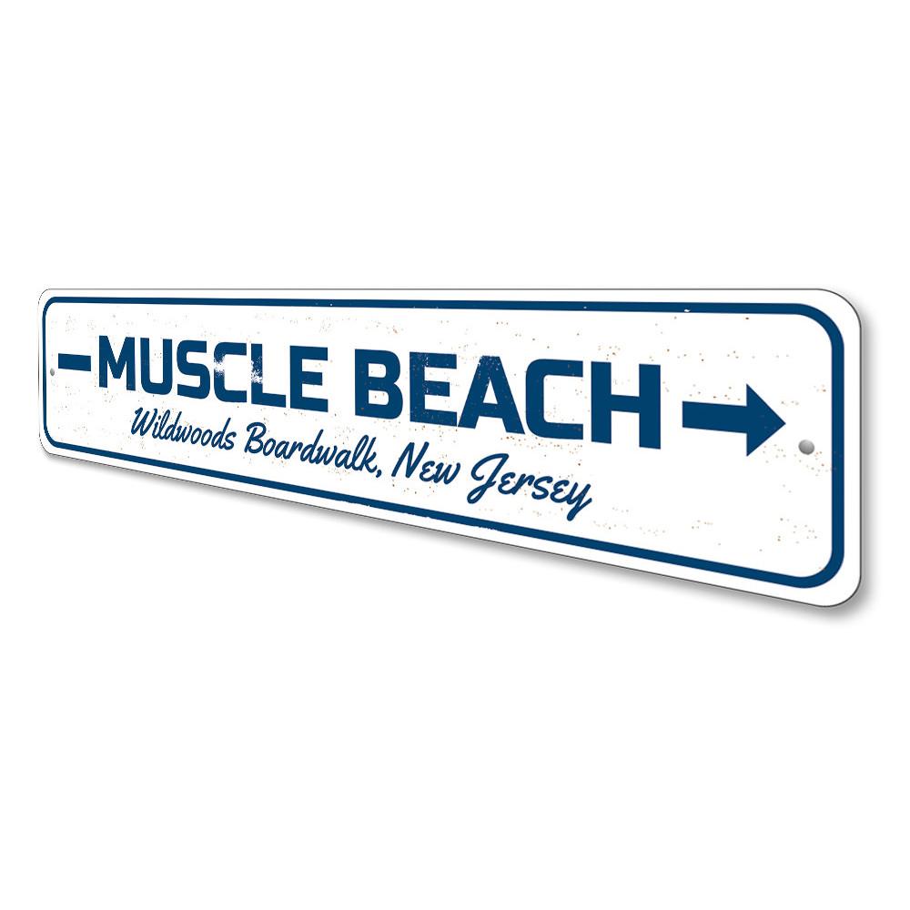 Muscle Beach Sign made of high-quality aluminum, featuring customizable text and pre-drilled holes for easy mounting.