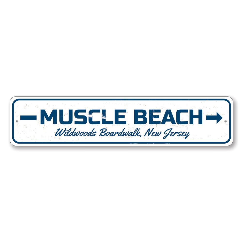 Muscle Beach Sign made of high-quality aluminum, featuring customizable text and pre-drilled holes for easy mounting.