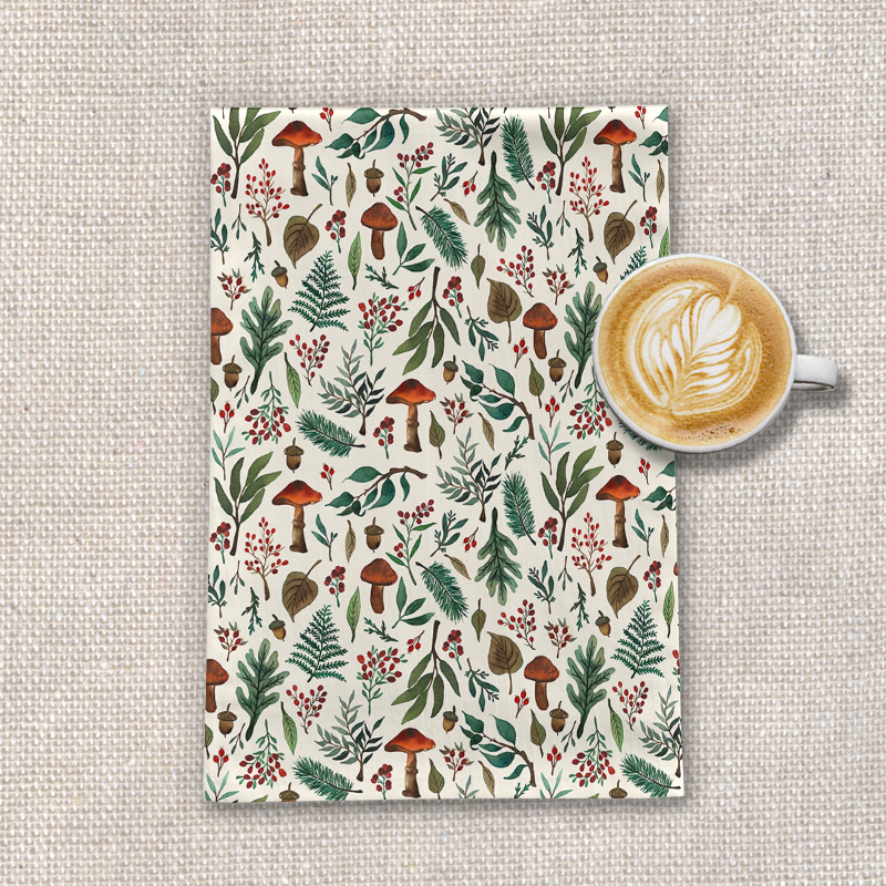 Mushroom Forest Tea Towel featuring a whimsical mushroom design on soft cotton twill fabric, perfect for kitchen decor.