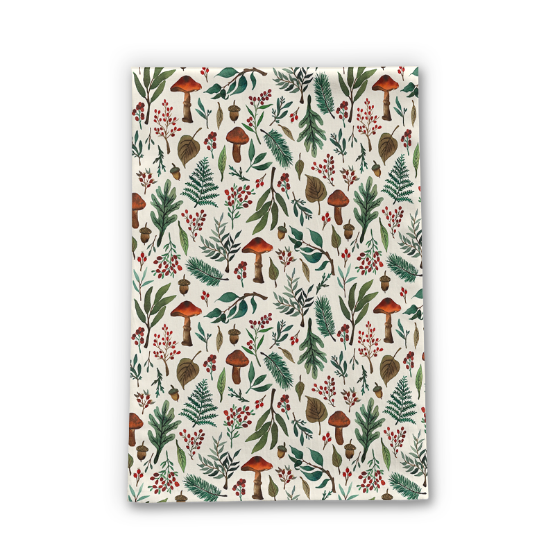 Mushroom Forest Tea Towel featuring a whimsical mushroom design on soft cotton twill fabric, perfect for kitchen decor.