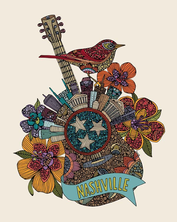 A vibrant 8x10 photographic print of the Music City skyline featuring a guitar motif, perfect for music lovers.