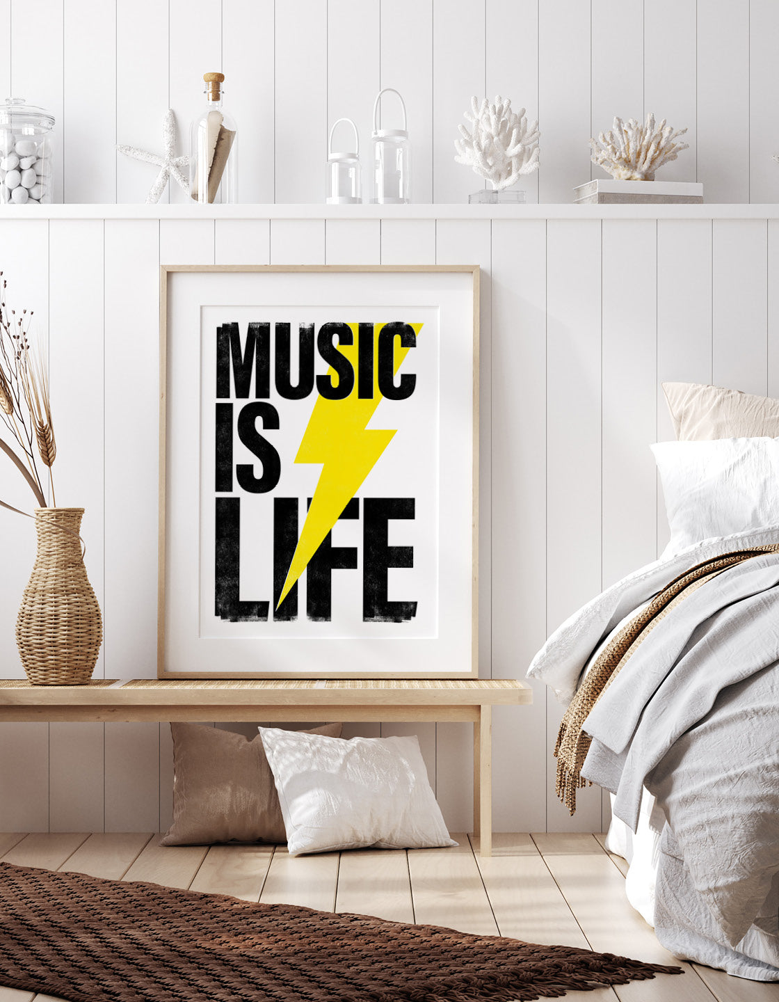 A vibrant wall art piece featuring musical notes and the phrase 'Music is Life', perfect for modern kitchen decor.