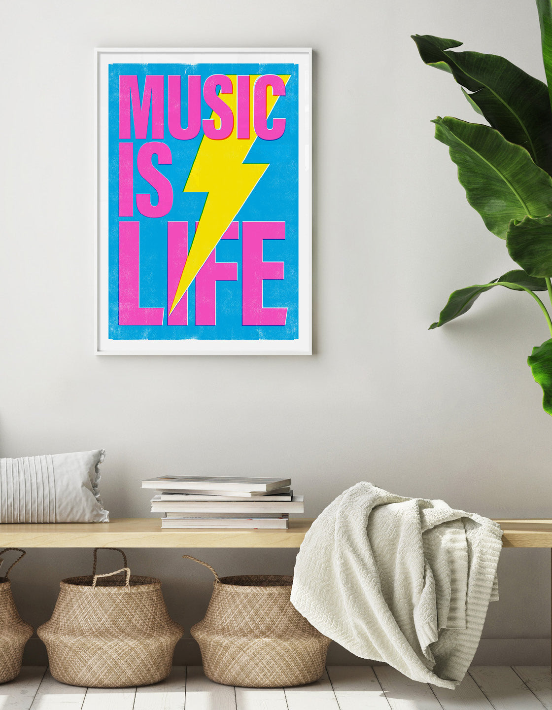 A vibrant wall art piece featuring musical notes and the phrase 'Music is Life', perfect for modern kitchen decor.