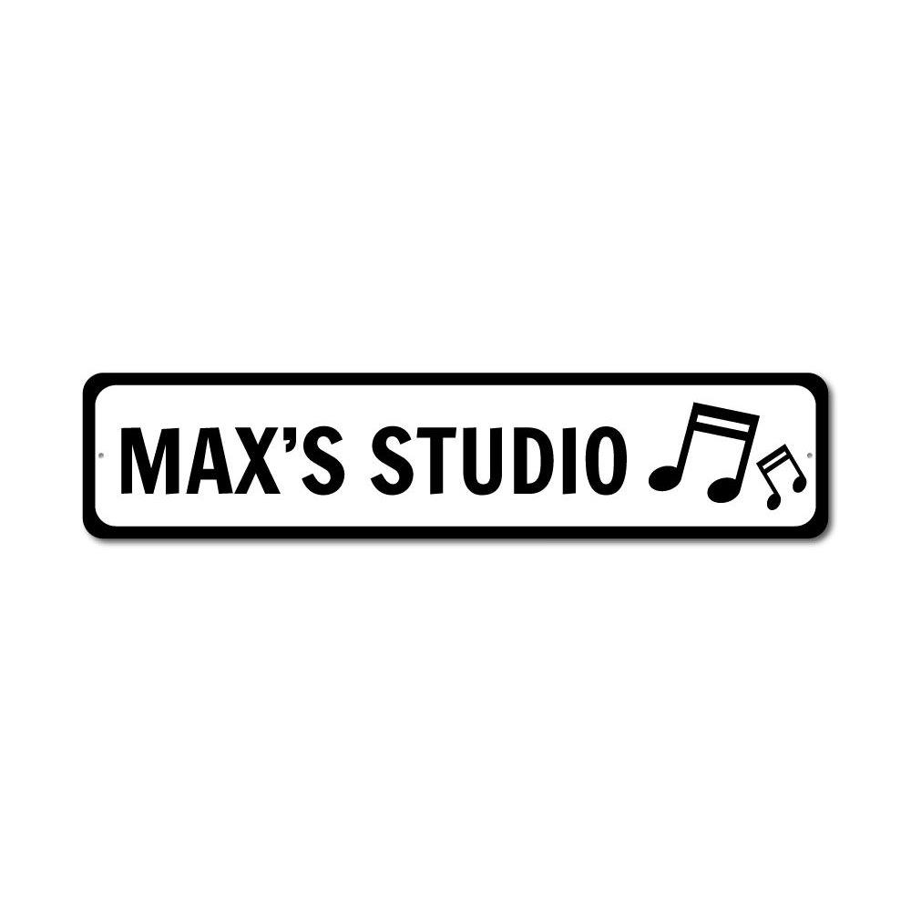 Customizable Music Studio Sign made from high-quality aluminum, featuring pre-drilled holes for easy mounting.