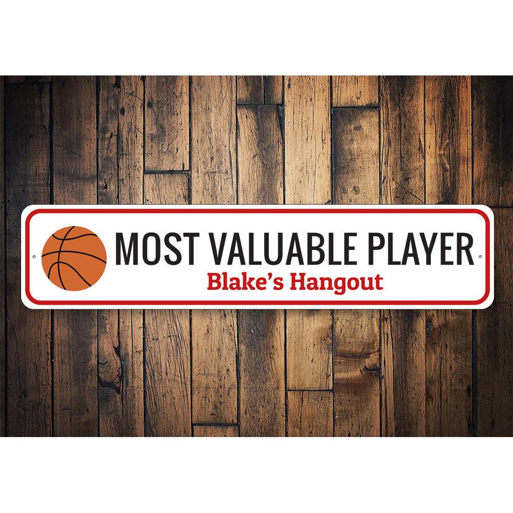 MVP Basketball Sign featuring a vibrant basketball design, made from high-quality aluminum, perfect for kids' rooms and sports enthusiasts.