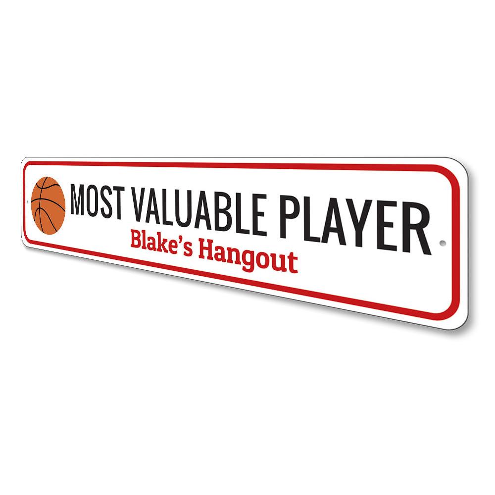 MVP Basketball Sign featuring a vibrant basketball design, made from high-quality aluminum, perfect for kids' rooms and sports enthusiasts.