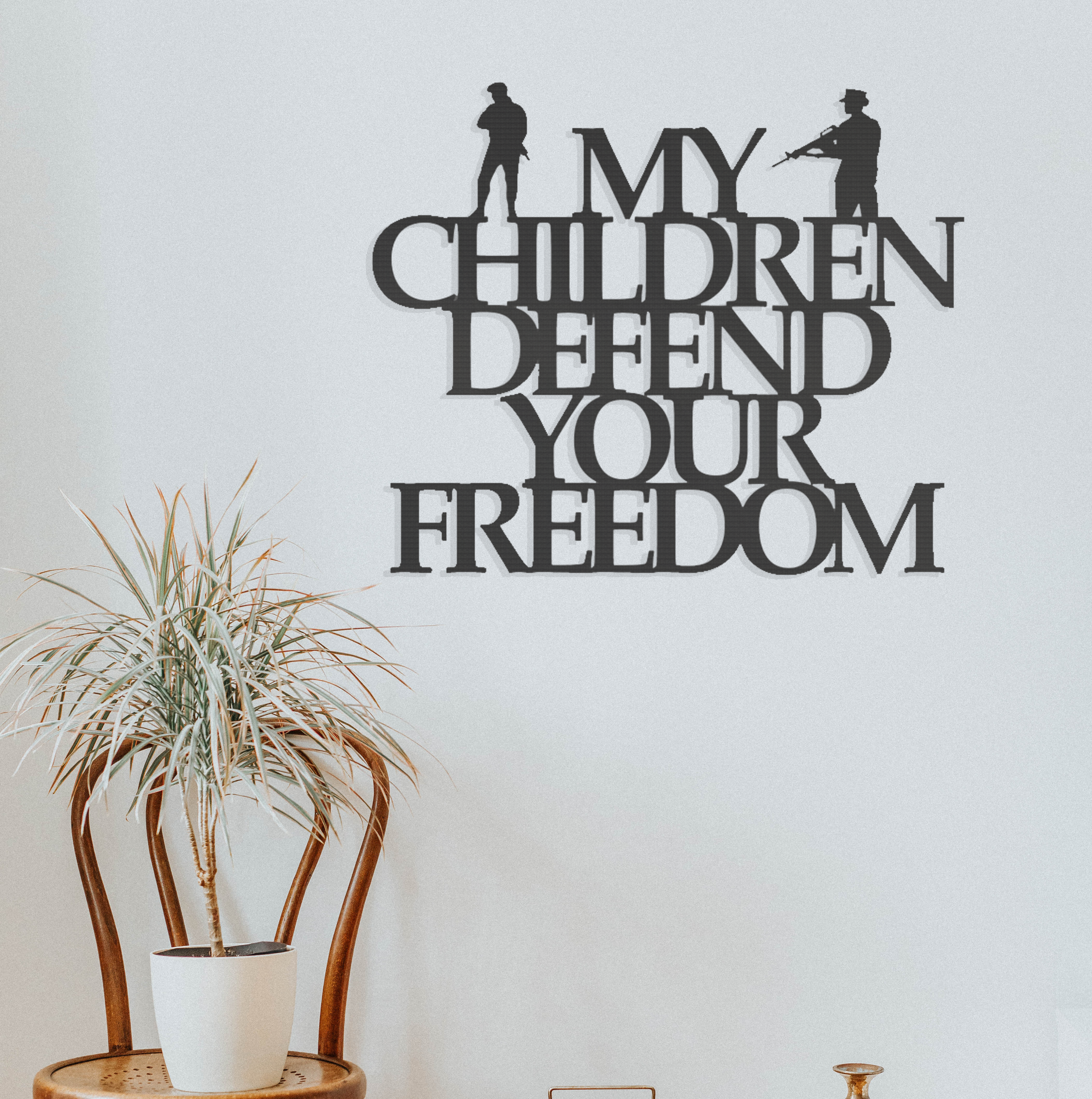 My Children Defend metal wall art showcasing pride in military service, crafted from durable steel with a low gloss finish.