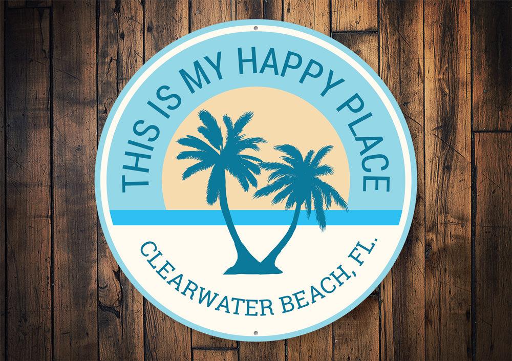 My Happy Place Beach Sign made of high-quality aluminum, featuring customizable text and pre-drilled holes for easy mounting.