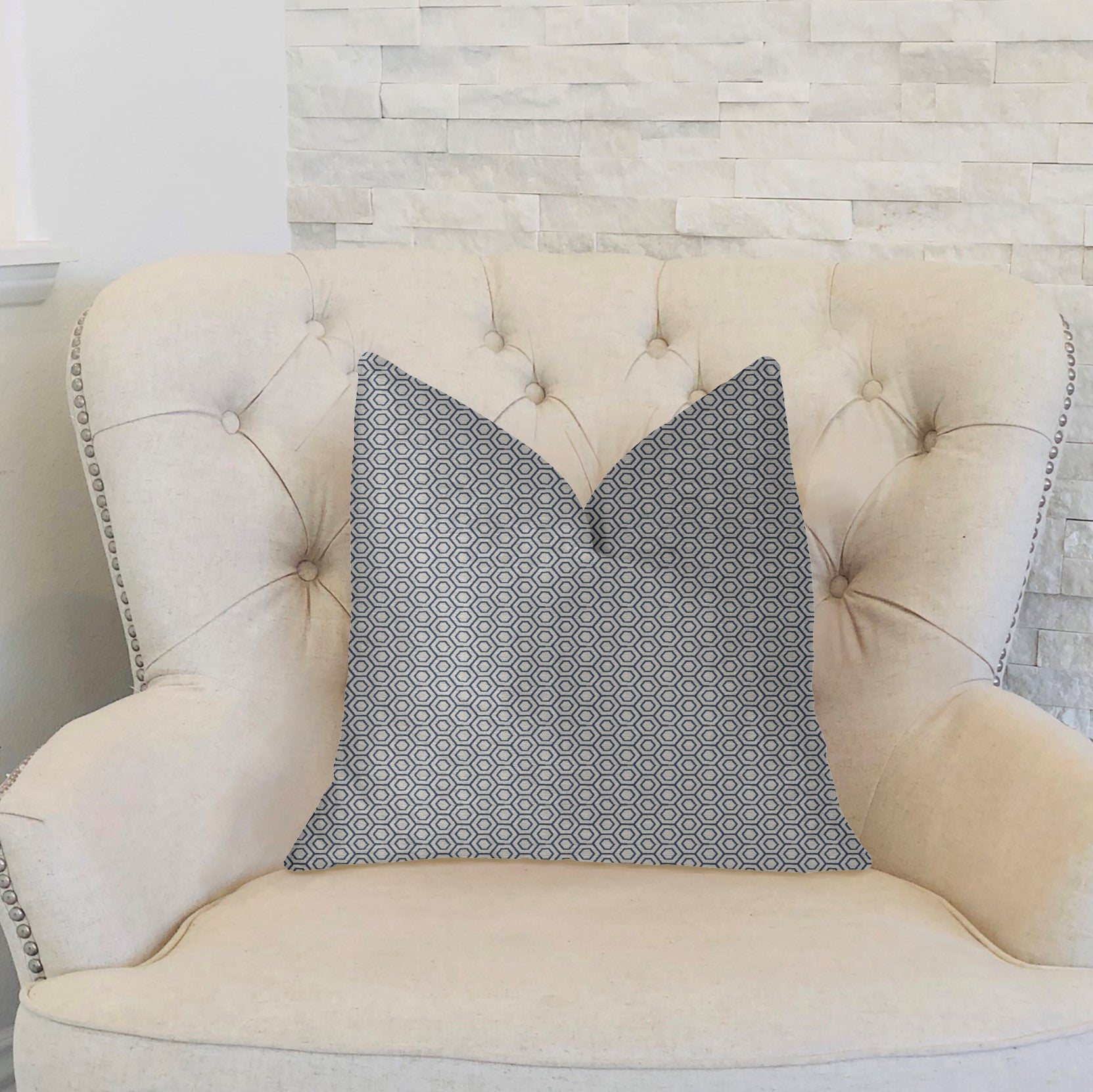 Myriad Hexagon Blue and Beige Luxury Throw Pillow showcasing a geometric pattern with an invisible zipper, handmade in the USA.