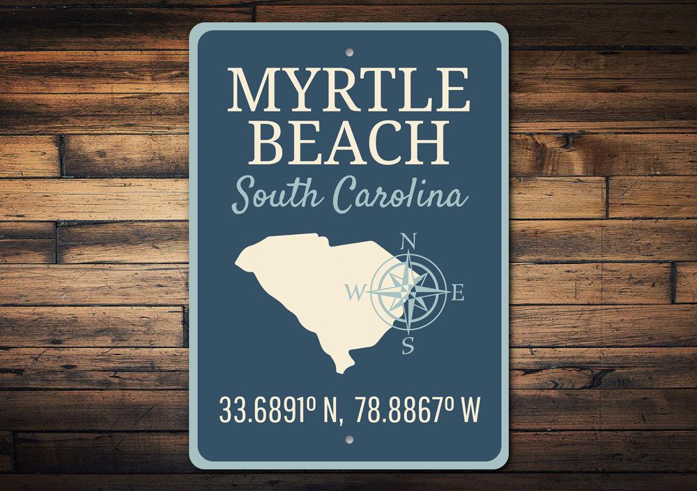 Myrtle Beach Sign made of high-quality aluminum, featuring a coastal design perfect for beach houses and decor.