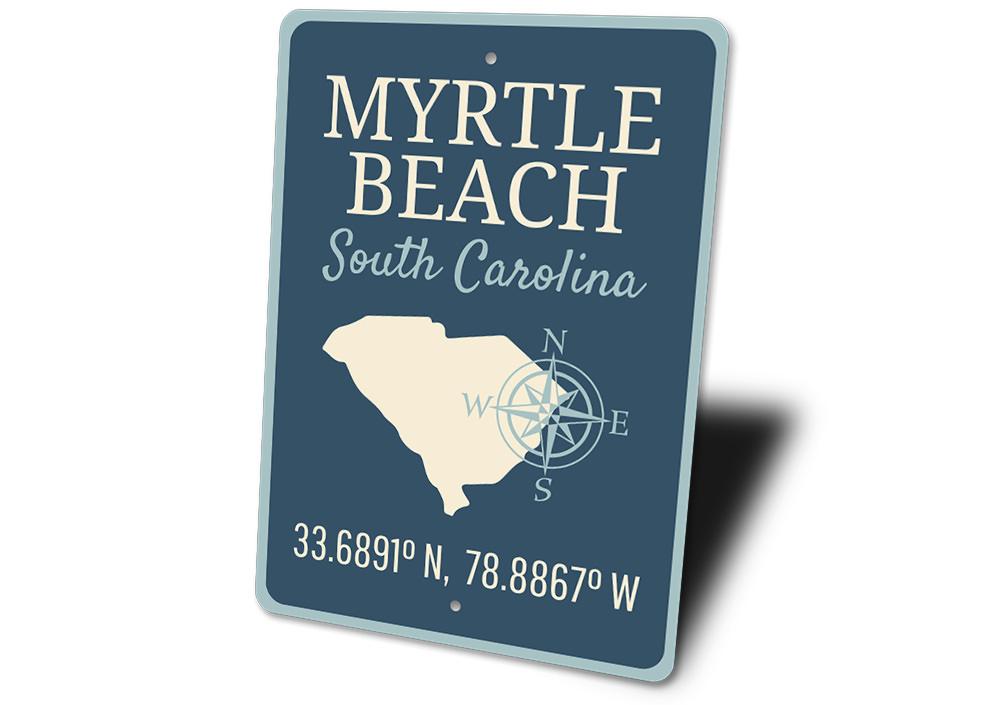 Myrtle Beach Sign made of high-quality aluminum, featuring a coastal design perfect for beach houses and decor.