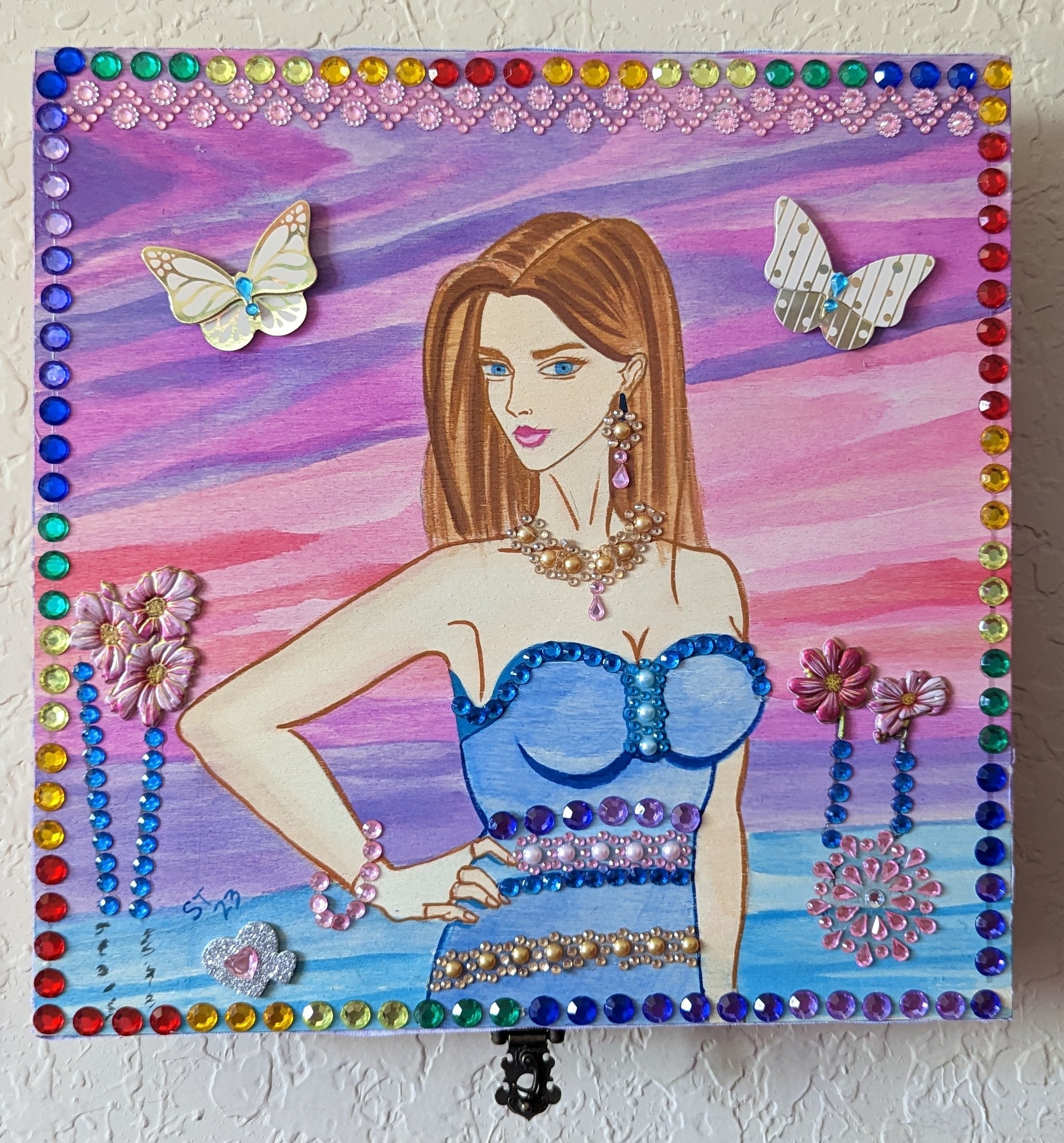 Mythic Wishbox Oil Painting featuring blue maiden Akina by Sharon Tatem, showcasing intricate designs and vibrant colors.