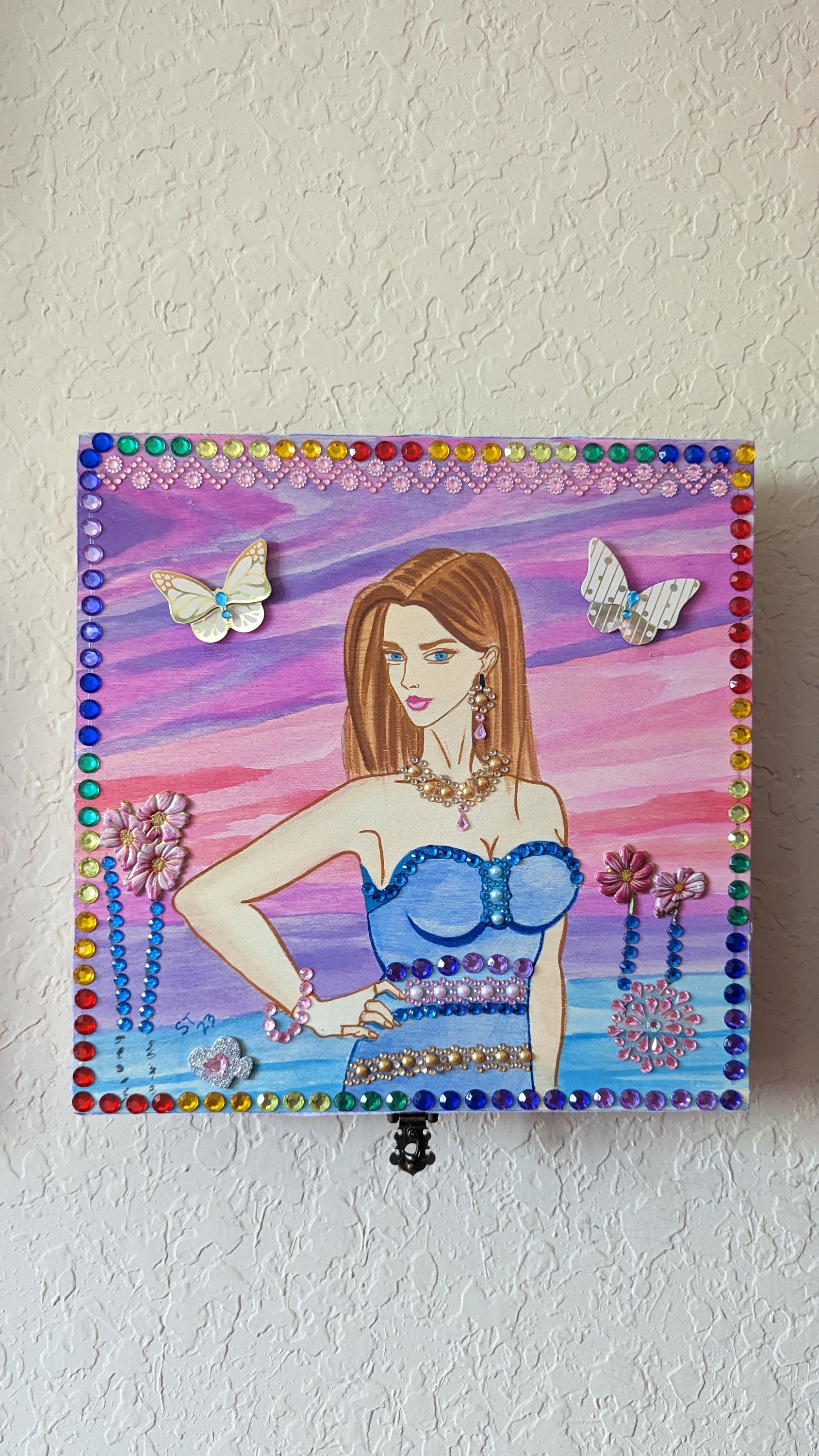 Mythic Wishbox Oil Painting featuring blue maiden Akina by Sharon Tatem, showcasing intricate designs and vibrant colors.