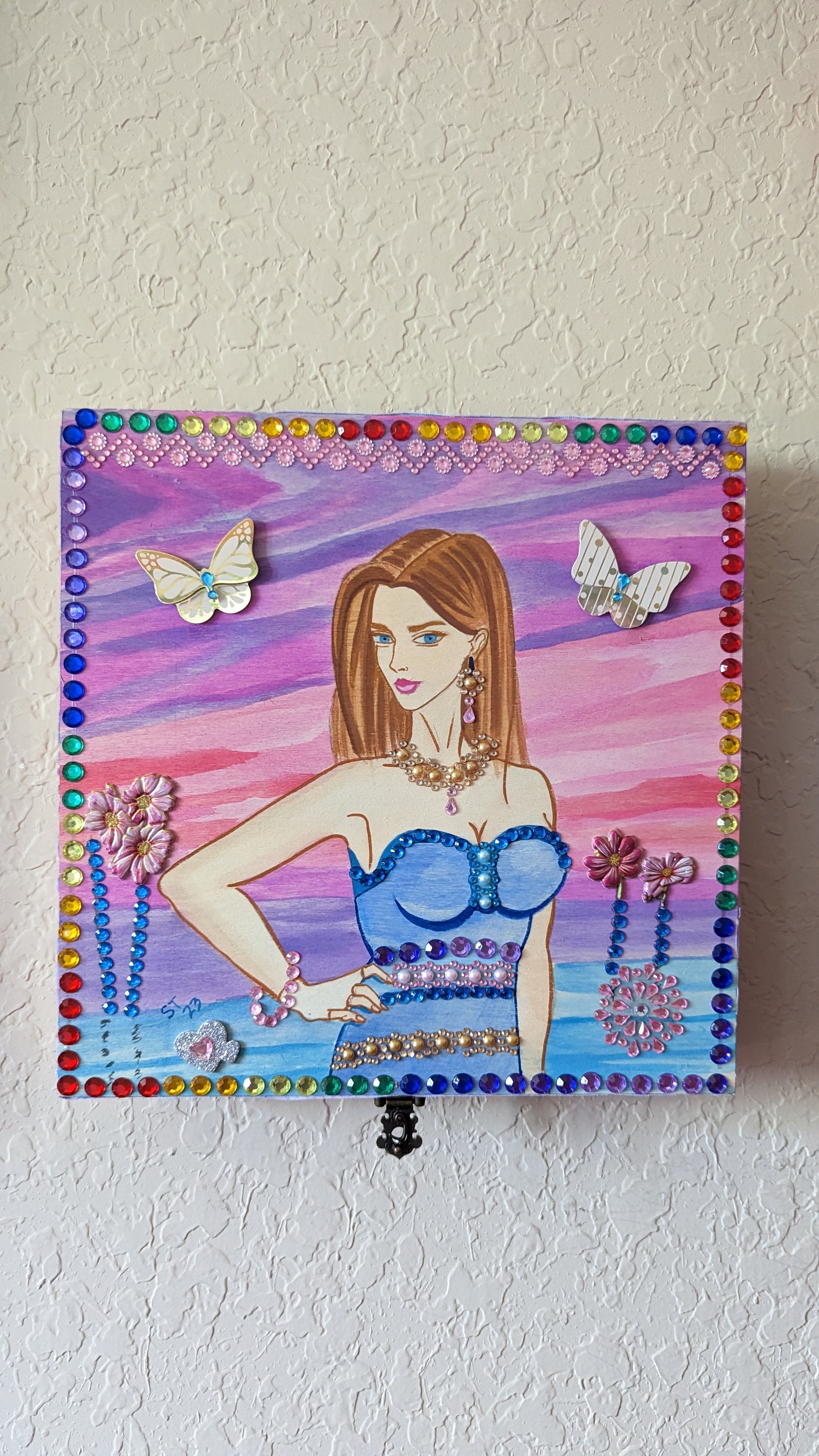 Mythic Wishbox Oil Painting featuring blue maiden Akina by Sharon Tatem, showcasing intricate designs and vibrant colors.