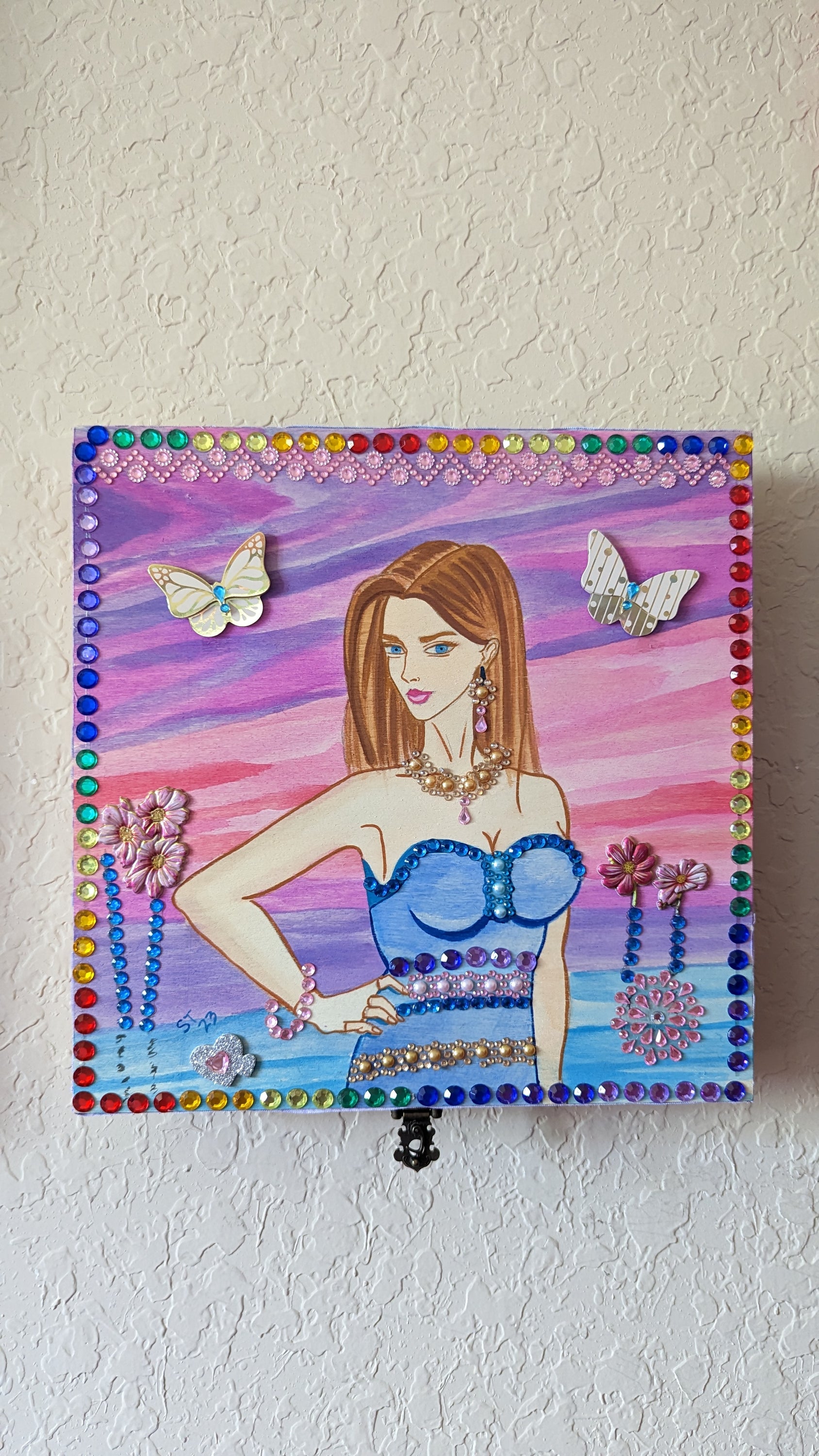 Mythic Wishbox Oil Painting featuring blue maiden Akina by Sharon Tatem, showcasing intricate designs and vibrant colors.