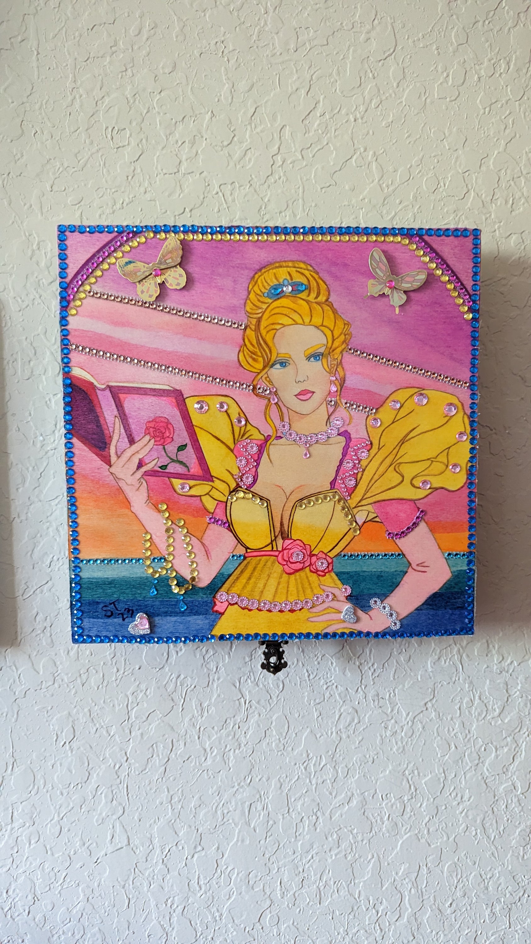 Sharon Tatem's Wishbox Oil Painting featuring a yellow maiden, intricately designed and hand-decorated, symbolizing dreams and aspirations.