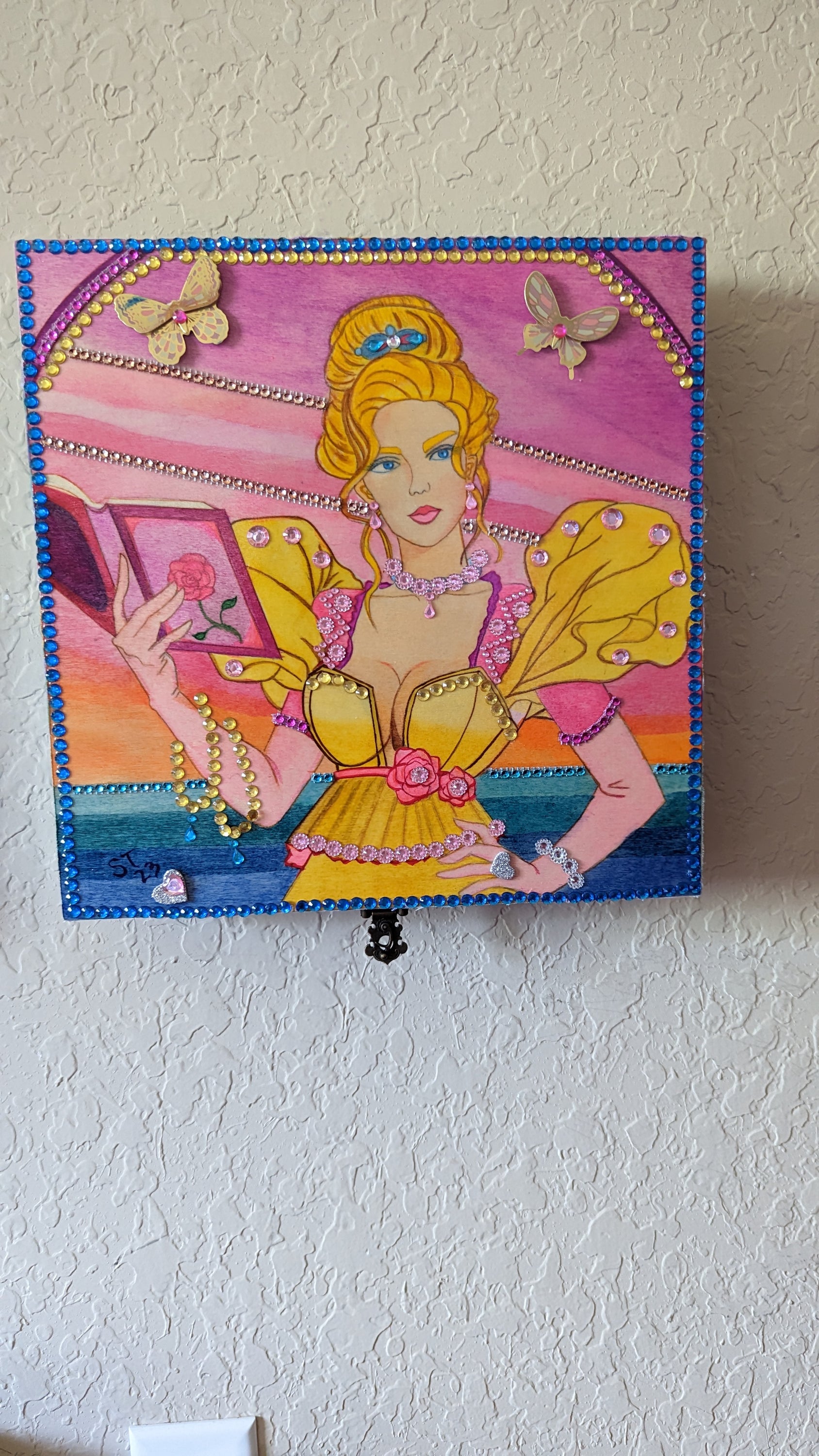 Sharon Tatem's Wishbox Oil Painting featuring a yellow maiden, intricately designed and hand-decorated, symbolizing dreams and aspirations.