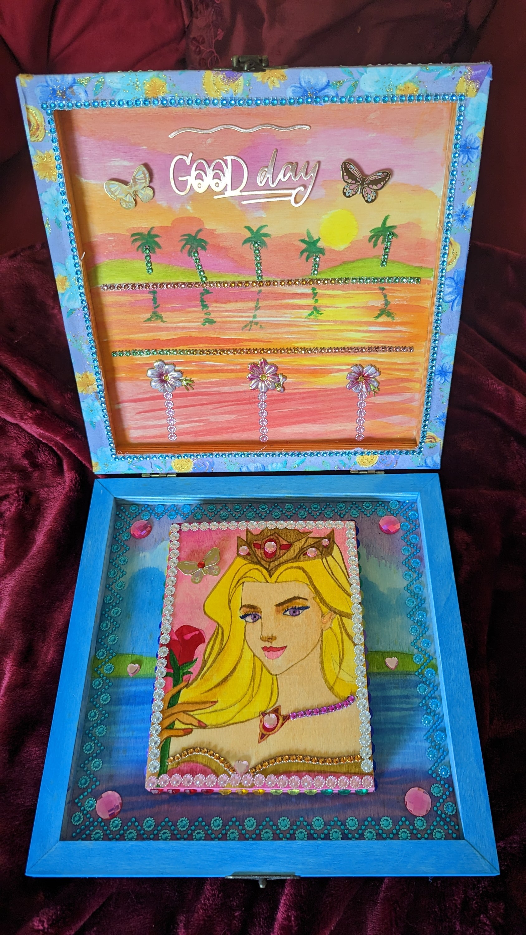 Sharon Tatem's Wishbox Oil Painting featuring a yellow maiden, intricately designed and hand-decorated, symbolizing dreams and aspirations.