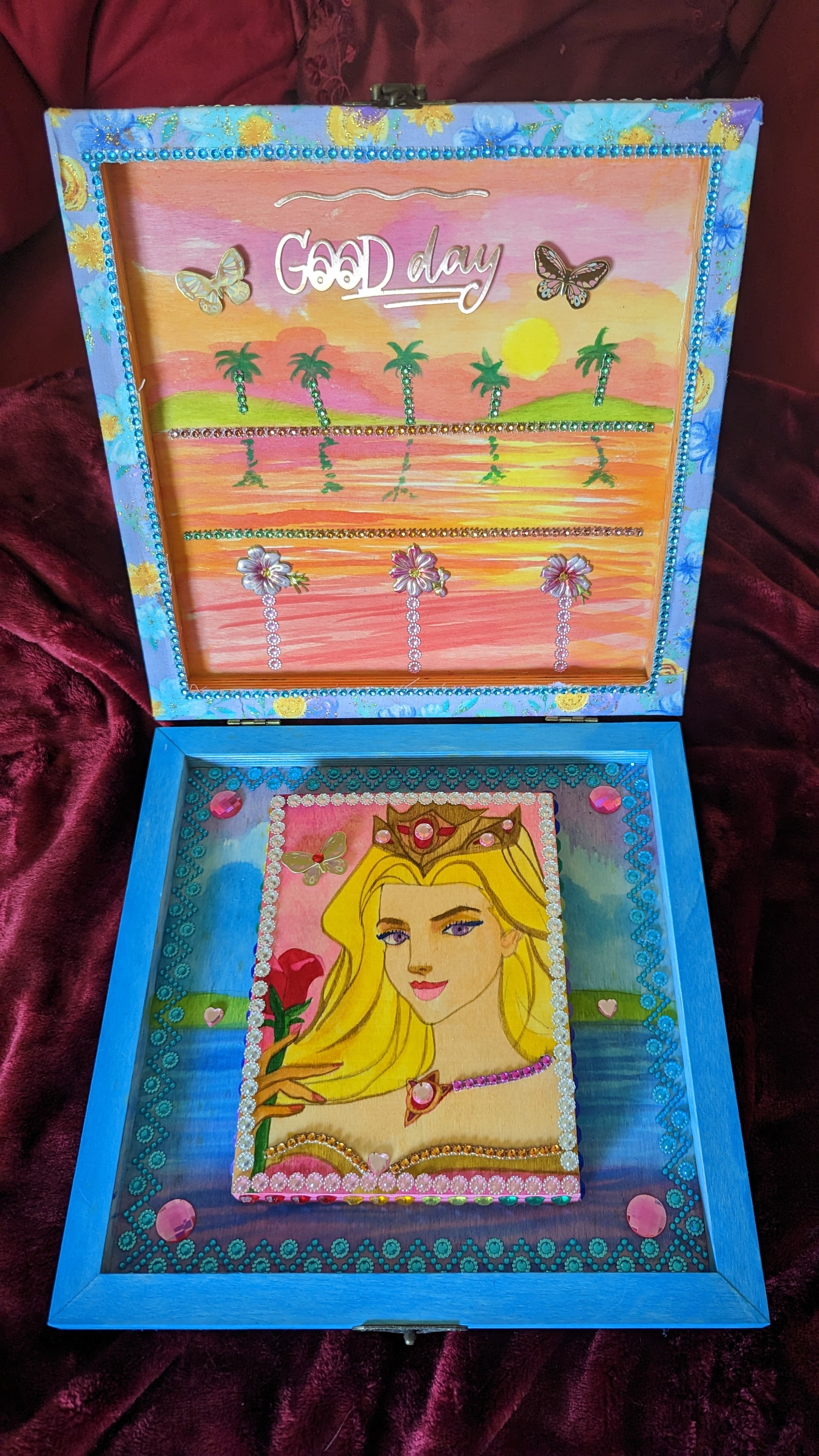 Sharon Tatem's Wishbox Oil Painting featuring a yellow maiden, intricately designed and hand-decorated, symbolizing dreams and aspirations.