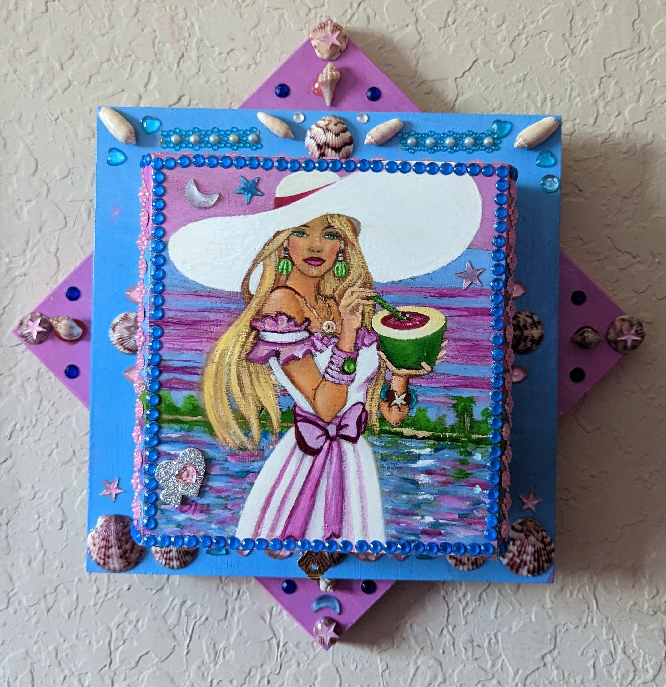 A beautifully hand-decorated Wish Box by Sharon Tatem, featuring intricate oil paintings of maidens, symbolizing dreams and aspirations.