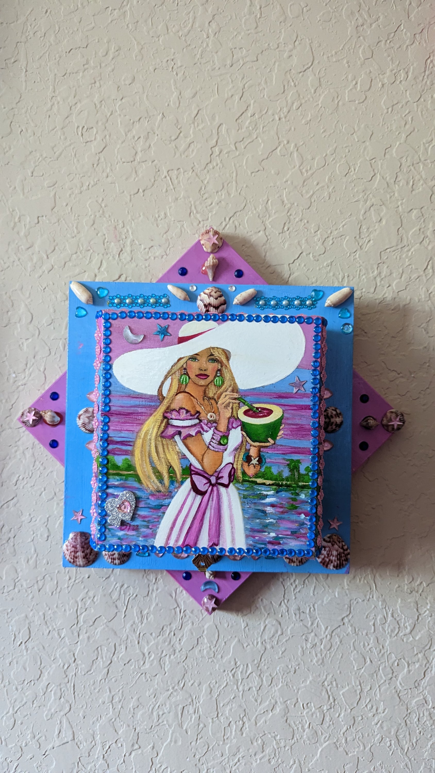 A beautifully hand-decorated Wish Box by Sharon Tatem, featuring intricate oil paintings of maidens, symbolizing dreams and aspirations.