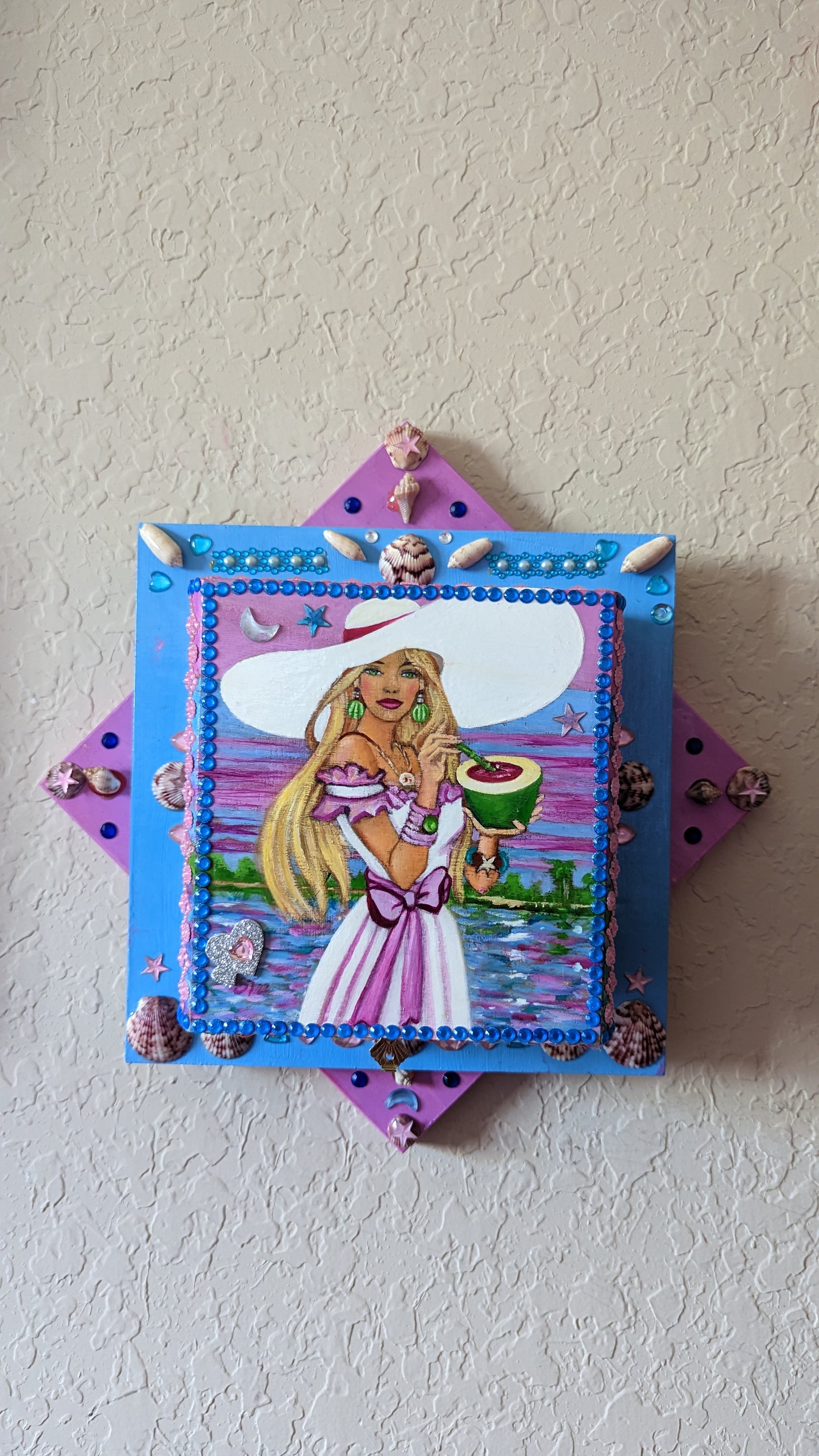 A beautifully hand-decorated Wish Box by Sharon Tatem, featuring intricate oil paintings of maidens, symbolizing dreams and aspirations.