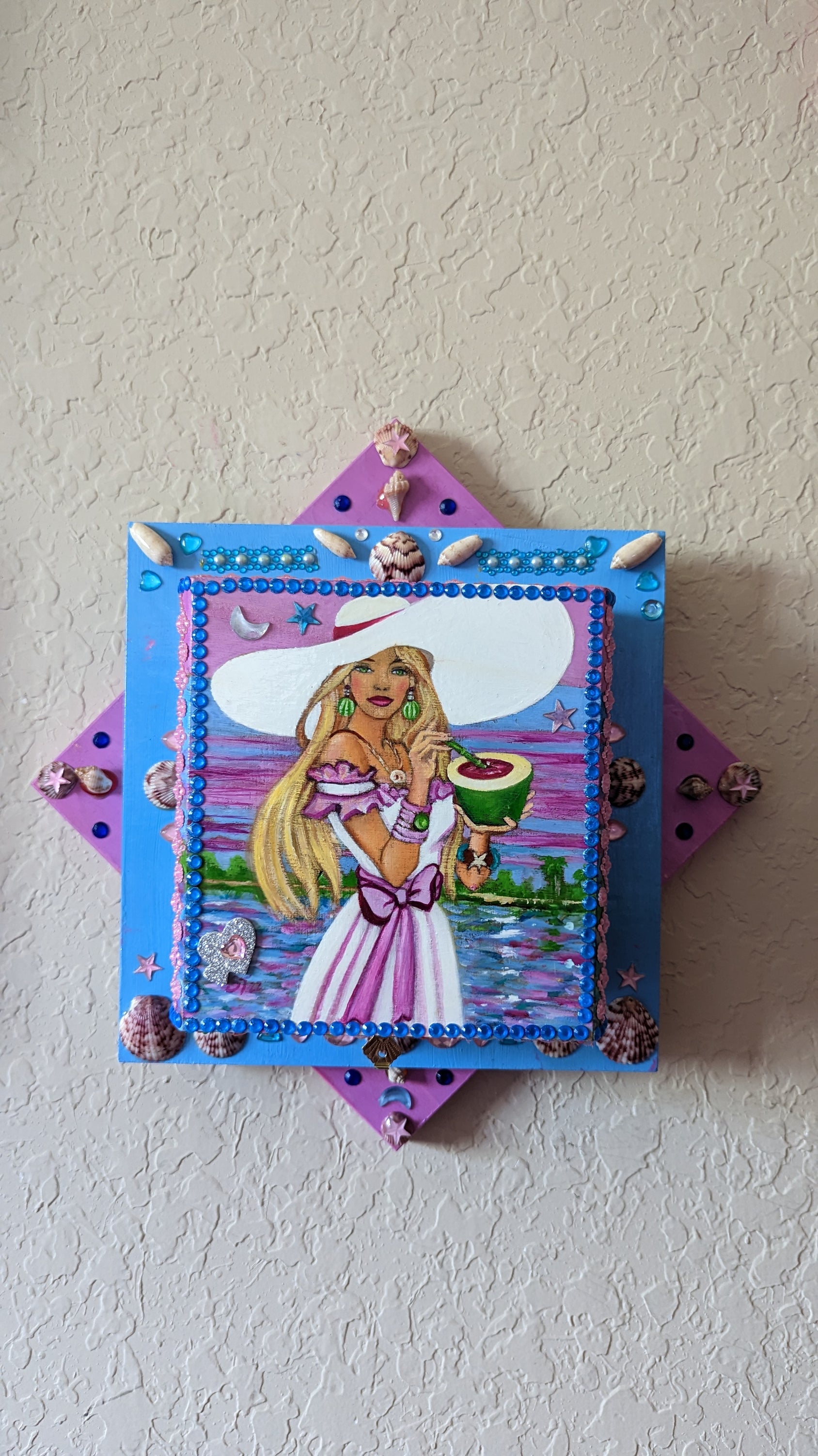 A beautifully hand-decorated Wish Box by Sharon Tatem, featuring intricate oil paintings of maidens, symbolizing dreams and aspirations.