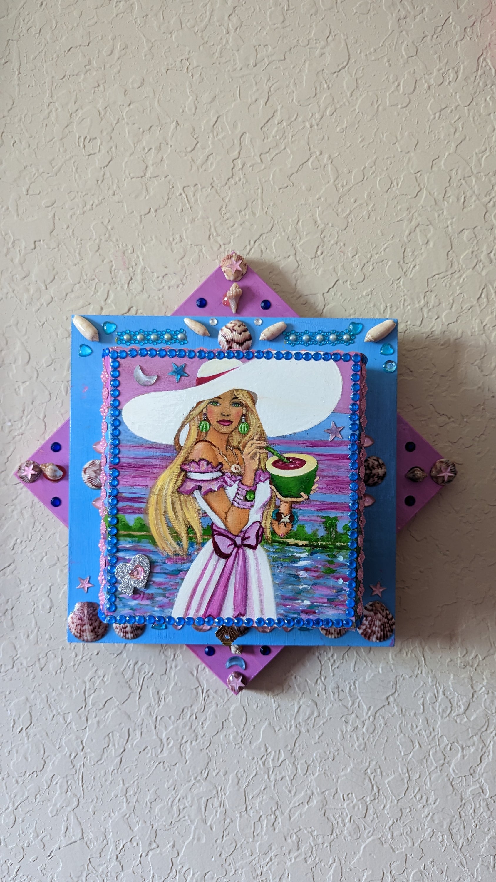 A beautifully hand-decorated Wish Box by Sharon Tatem, featuring intricate oil paintings of maidens, symbolizing dreams and aspirations.