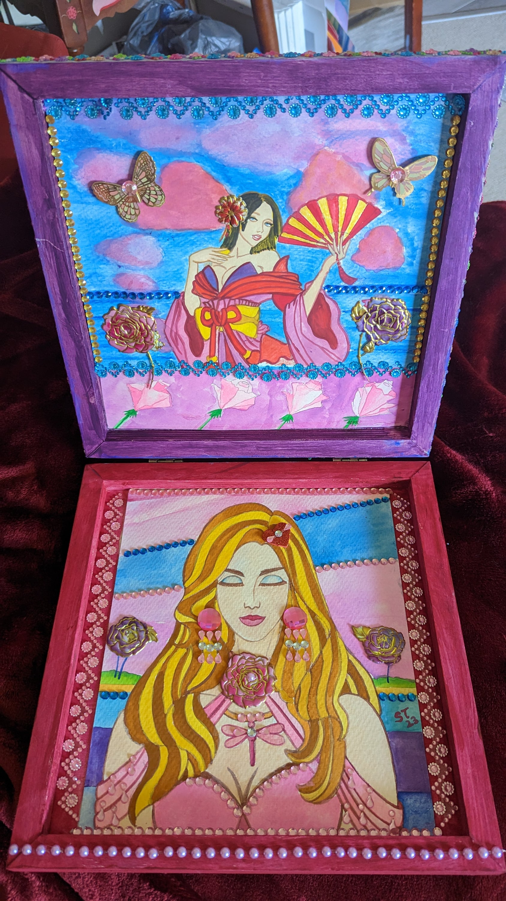 A beautifully hand-decorated Wish Box by Sharon Tatem featuring intricate designs and a powerful maiden, symbolizing dreams and wishes.