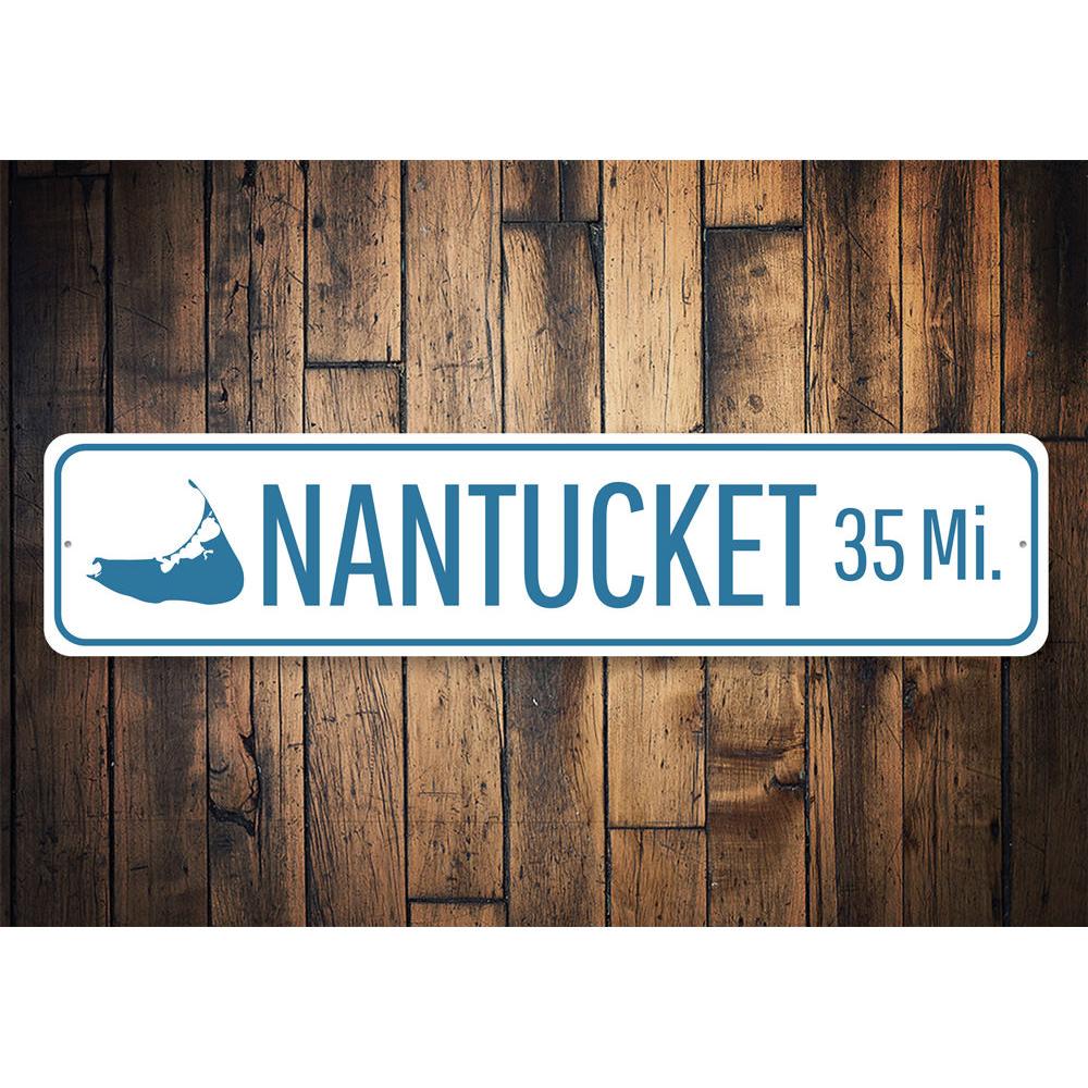 Nantucket Mileage Sign made of high-quality aluminum, featuring customizable text and pre-drilled holes for easy mounting.