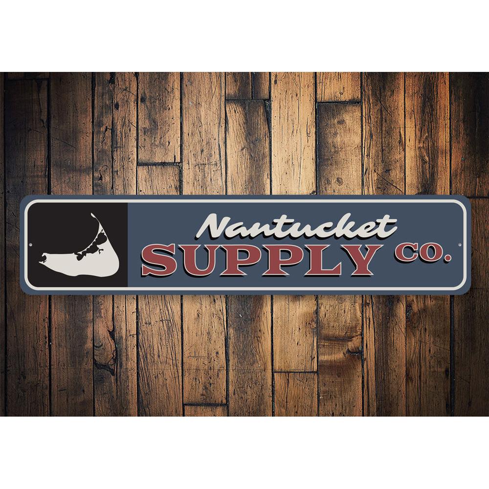 Nantucket Supply Co Sign made of high-quality aluminum, featuring customizable text and pre-drilled holes for easy mounting.