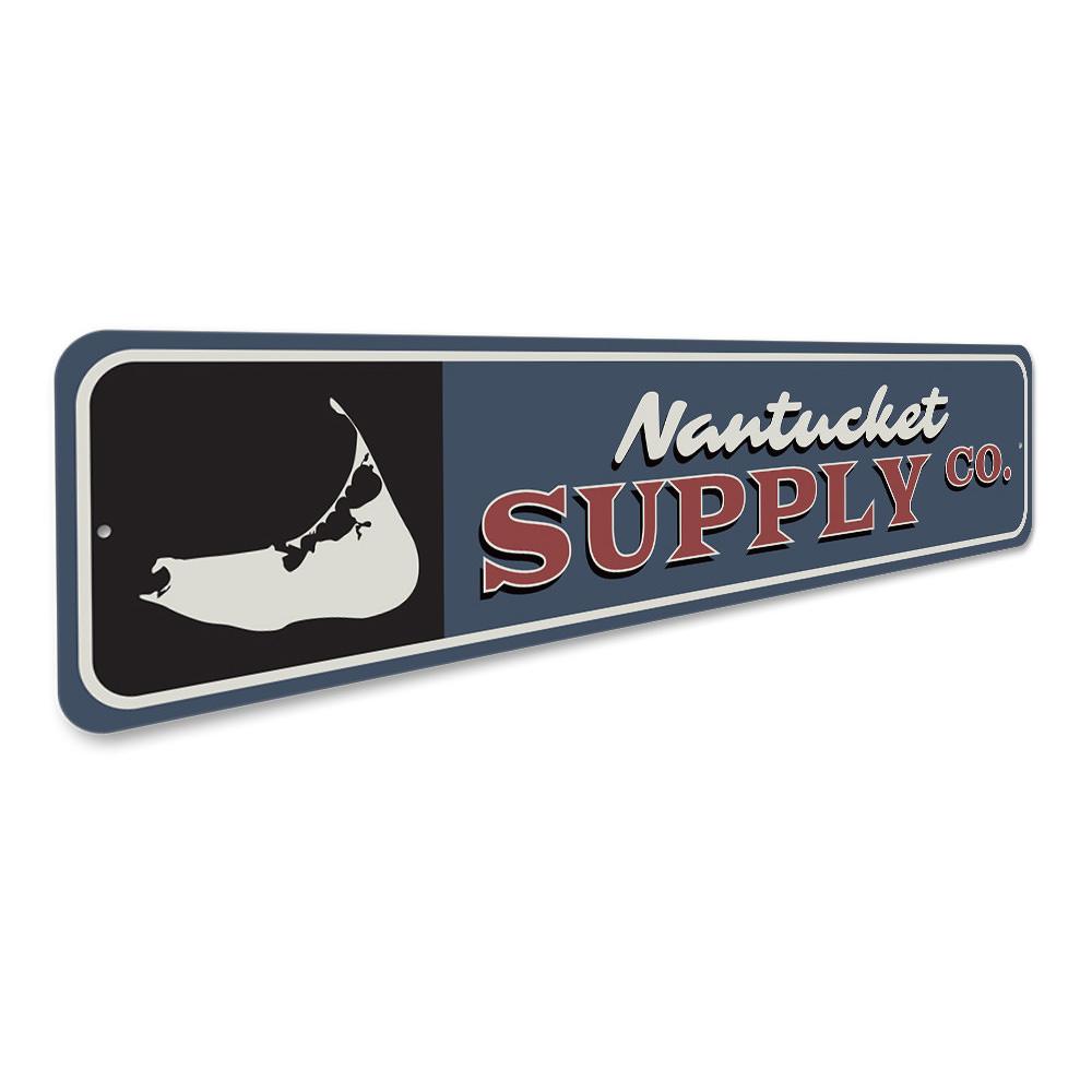 Nantucket Supply Co Sign made of high-quality aluminum, featuring customizable text and pre-drilled holes for easy mounting.