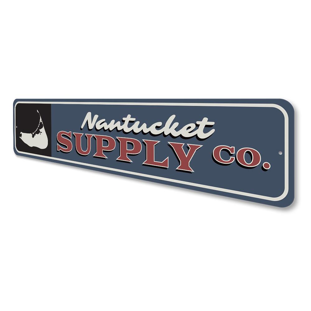 Nantucket Supply Co Sign made of high-quality aluminum, featuring customizable text and pre-drilled holes for easy mounting.