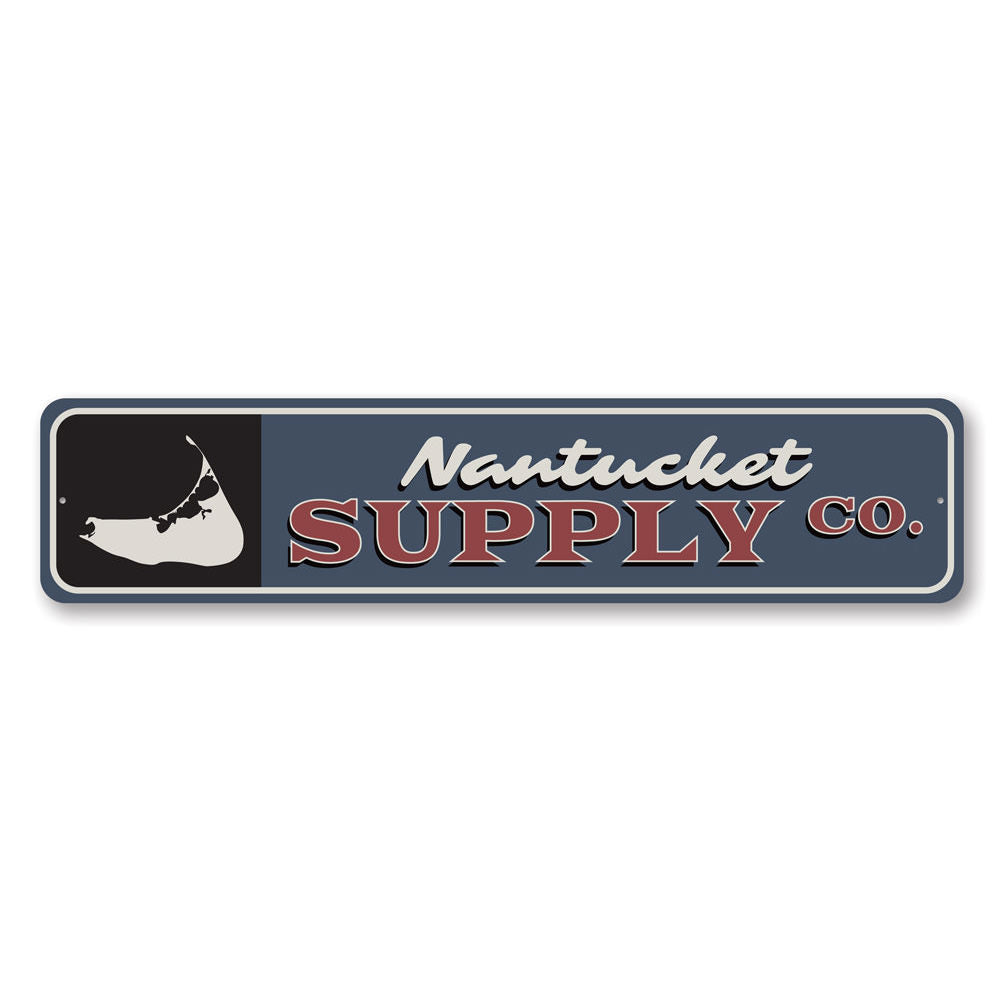 Nantucket Supply Co Sign made of high-quality aluminum, featuring customizable text and pre-drilled holes for easy mounting.