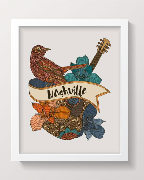 Vibrant Nashville mockingbird guitar artwork printed on heavy matte card stock, showcasing colorful design.