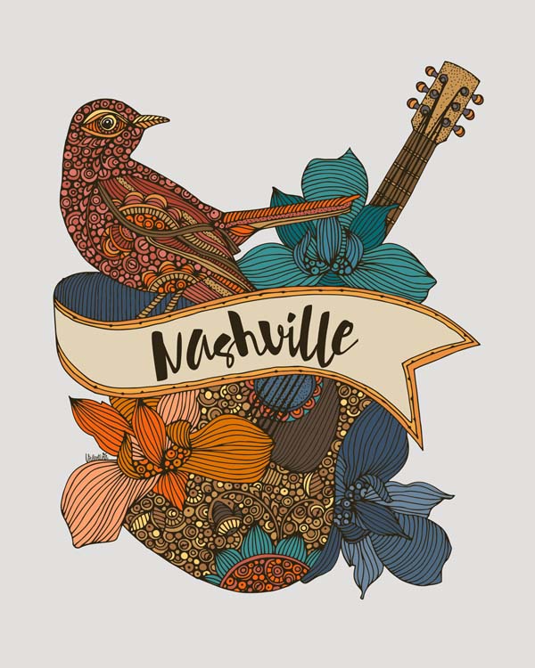 Vibrant Nashville mockingbird guitar artwork printed on heavy matte card stock, showcasing colorful design.