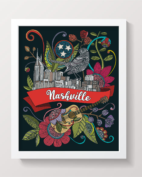 Nashville skyline art print featuring a mockingbird on a dark background, vibrant colors on heavy matte card stock.