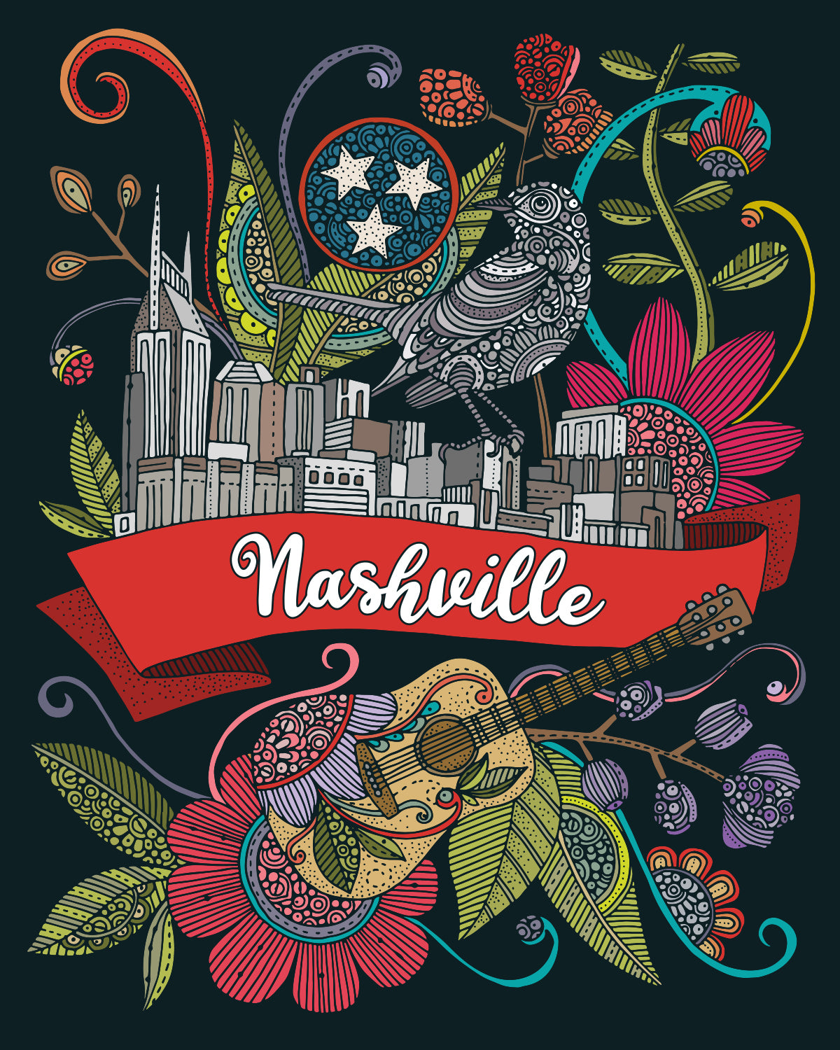 Nashville skyline art print featuring a mockingbird on a dark background, vibrant colors on heavy matte card stock.