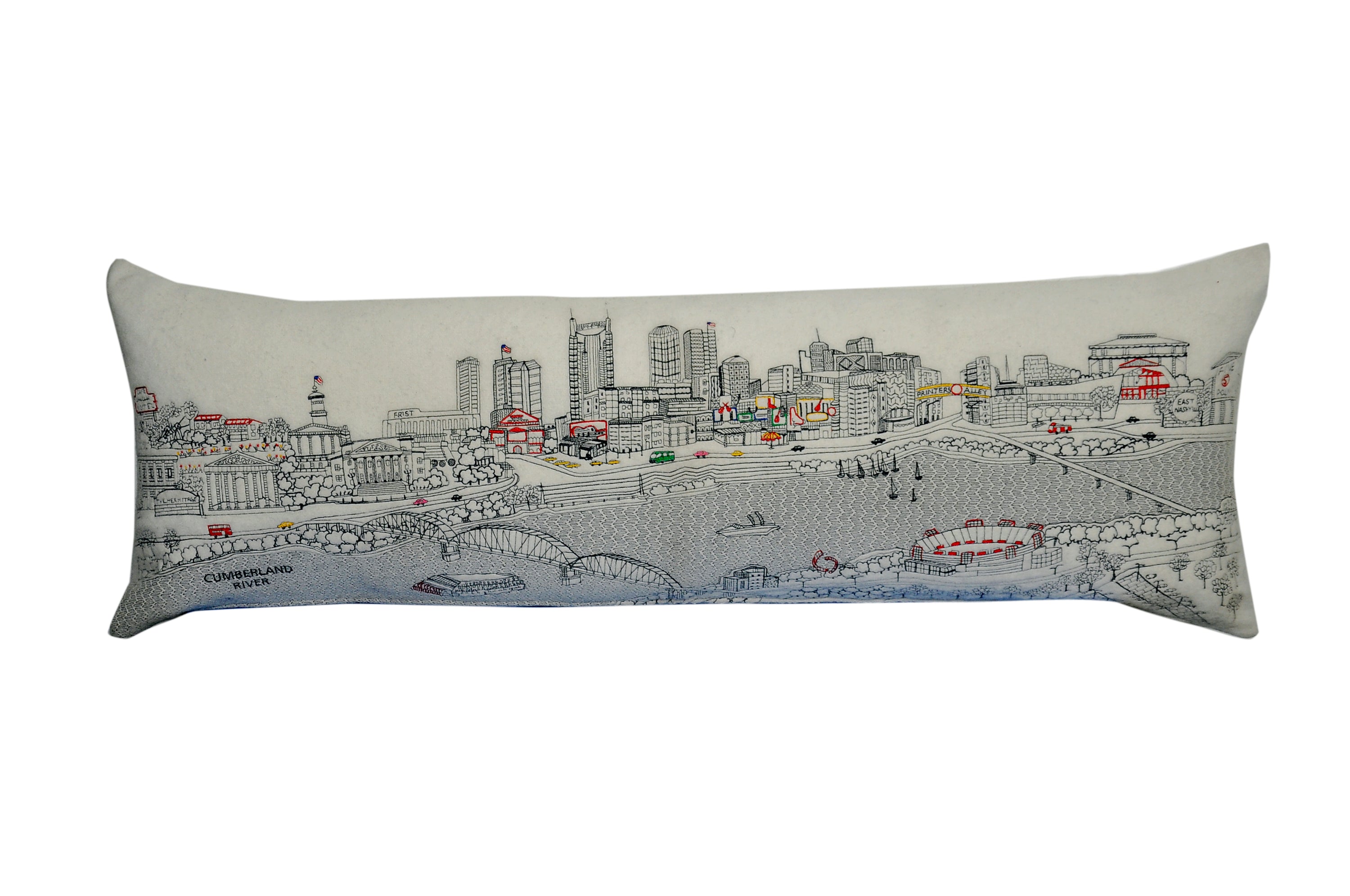 Nashville Pillow featuring embroidered cityscape design with red zipper, showcasing iconic Nashville landmarks.