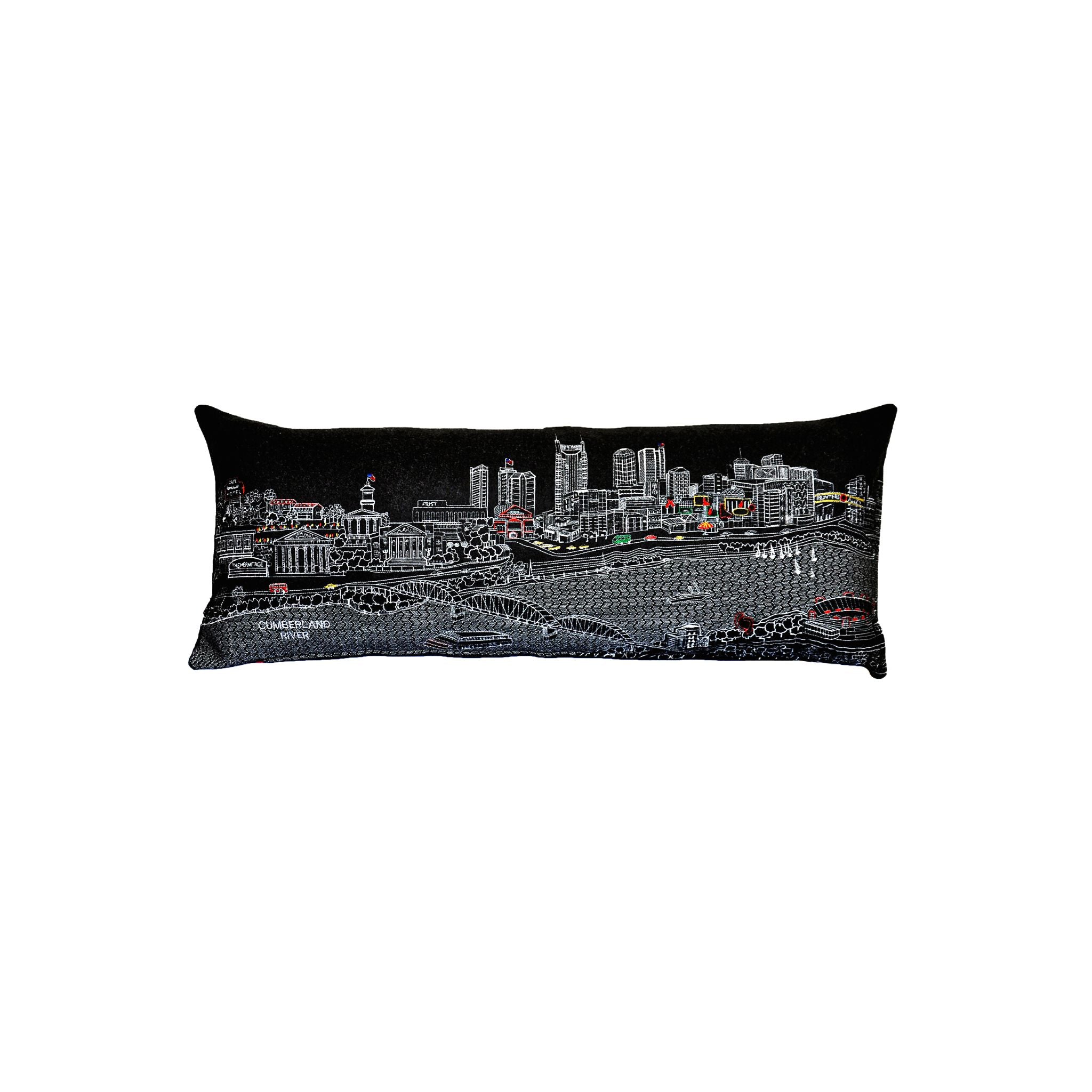 Nashville Pillow featuring embroidered cityscape design with red zipper, showcasing iconic Nashville landmarks.