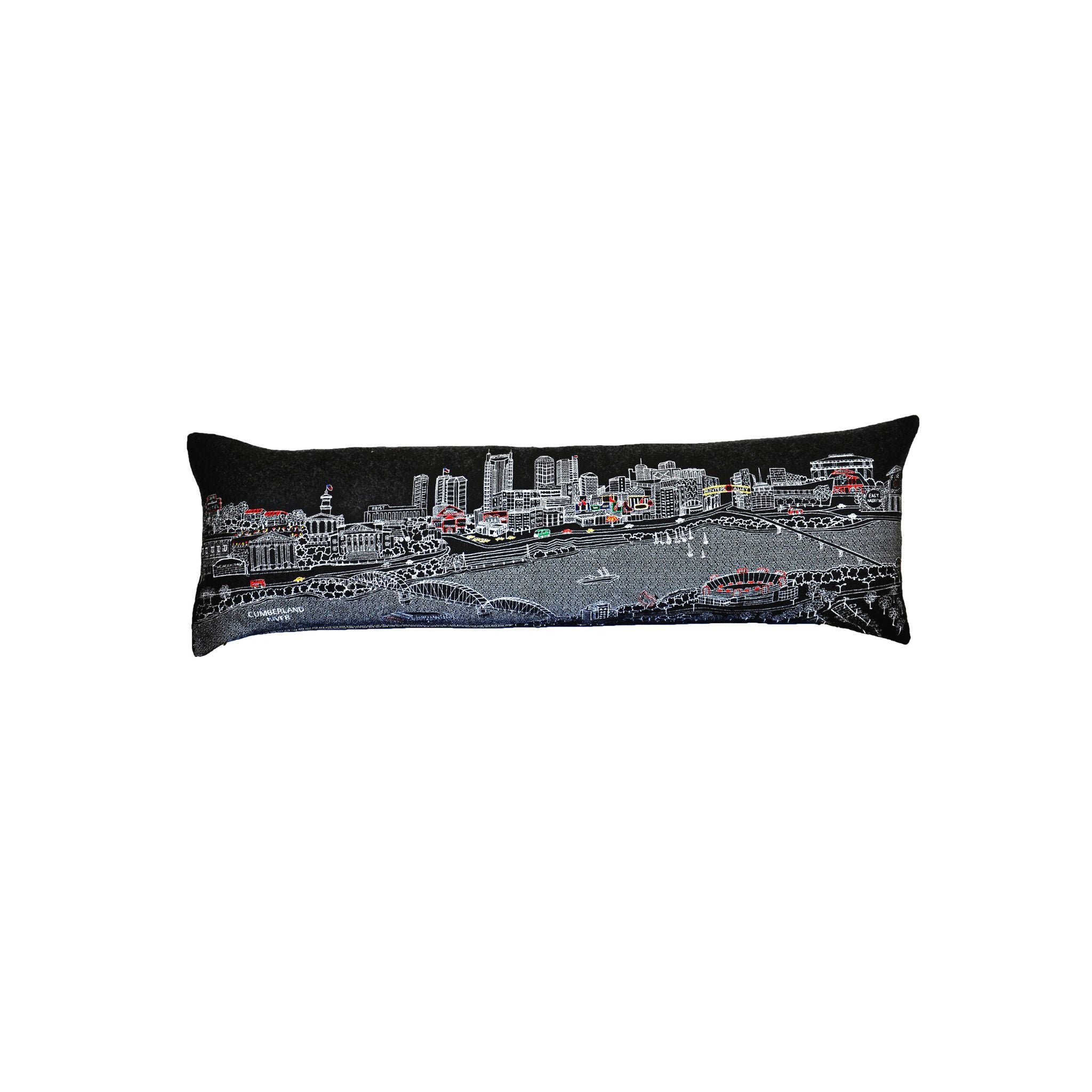 Nashville Pillow featuring embroidered cityscape design with red zipper, showcasing iconic Nashville landmarks.