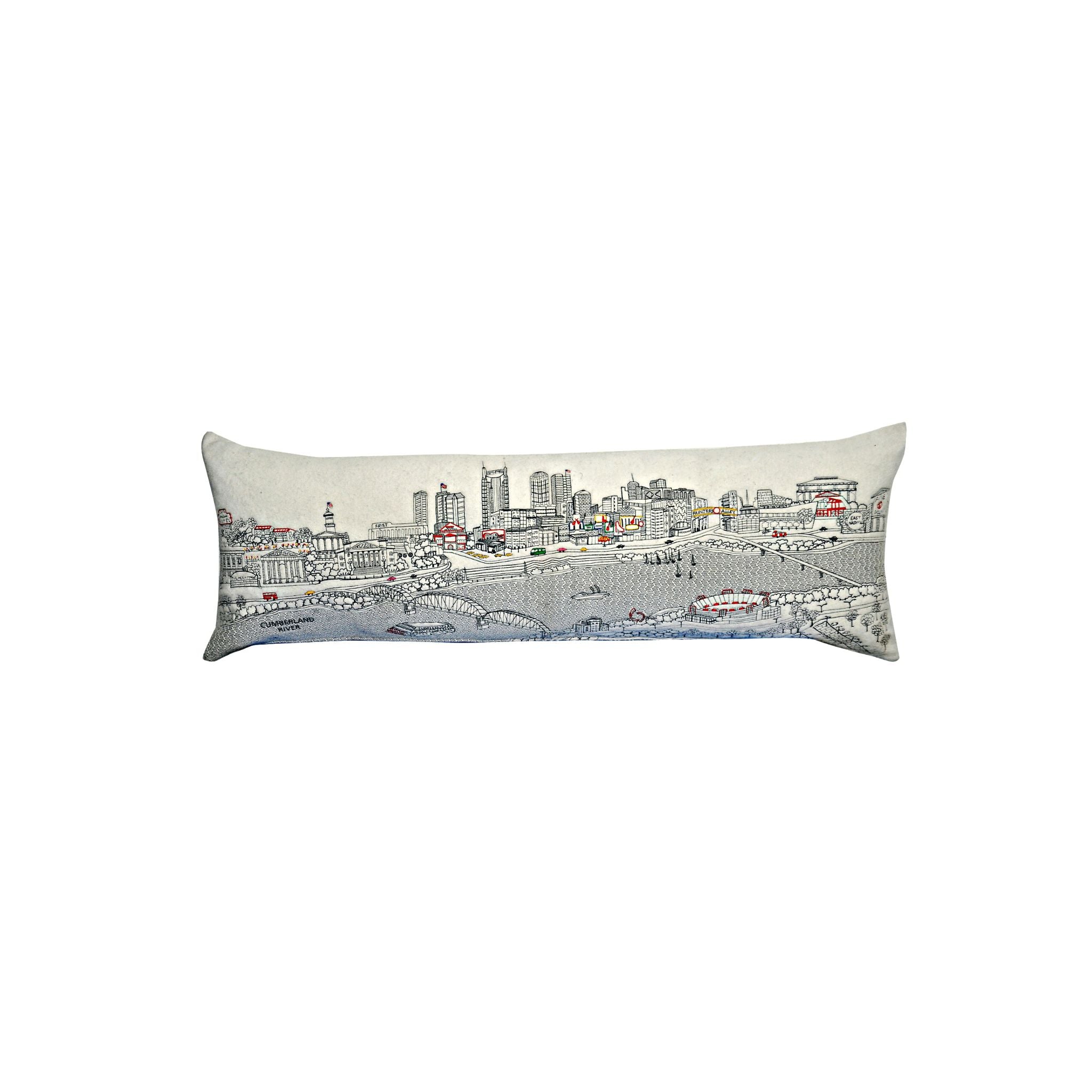 Nashville Pillow featuring embroidered cityscape design with red zipper, showcasing iconic Nashville landmarks.