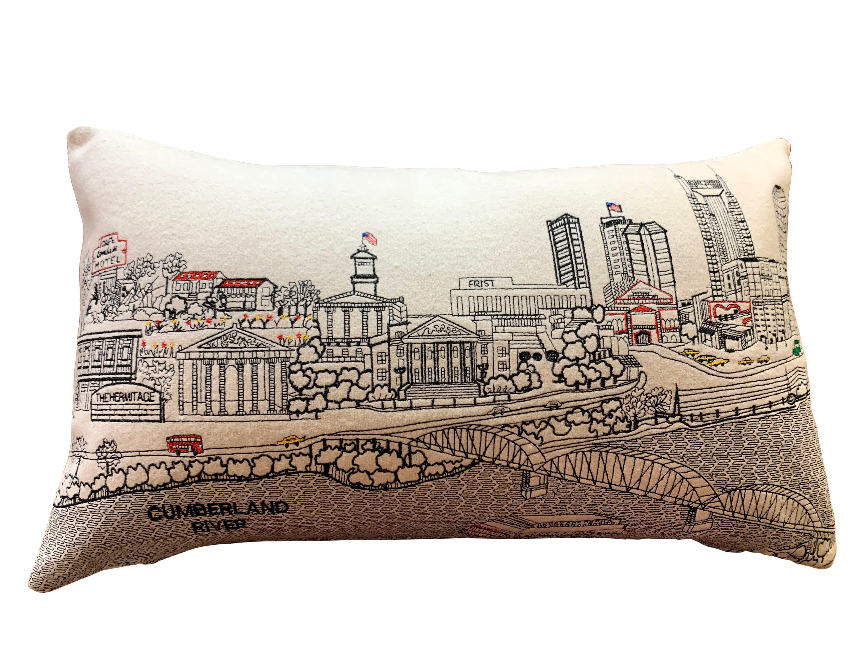 Nashville Pillow featuring embroidered cityscape design with red zipper, showcasing iconic Nashville landmarks.