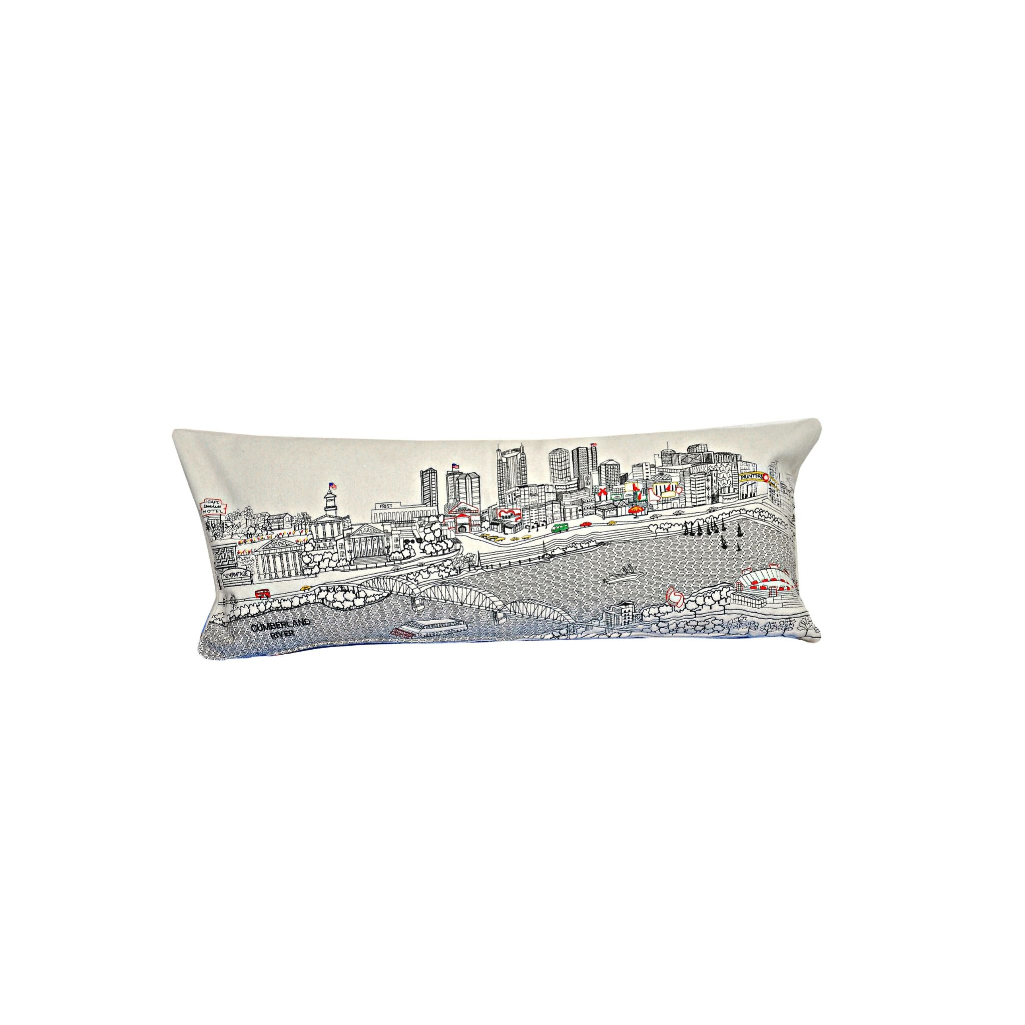 Nashville Pillow featuring embroidered cityscape design with red zipper, showcasing iconic Nashville landmarks.