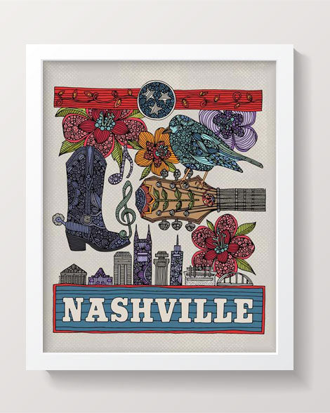 Nashville Poster 2 artwork printed on 8x10 photographic paper, showcasing vibrant colors and cityscape design.