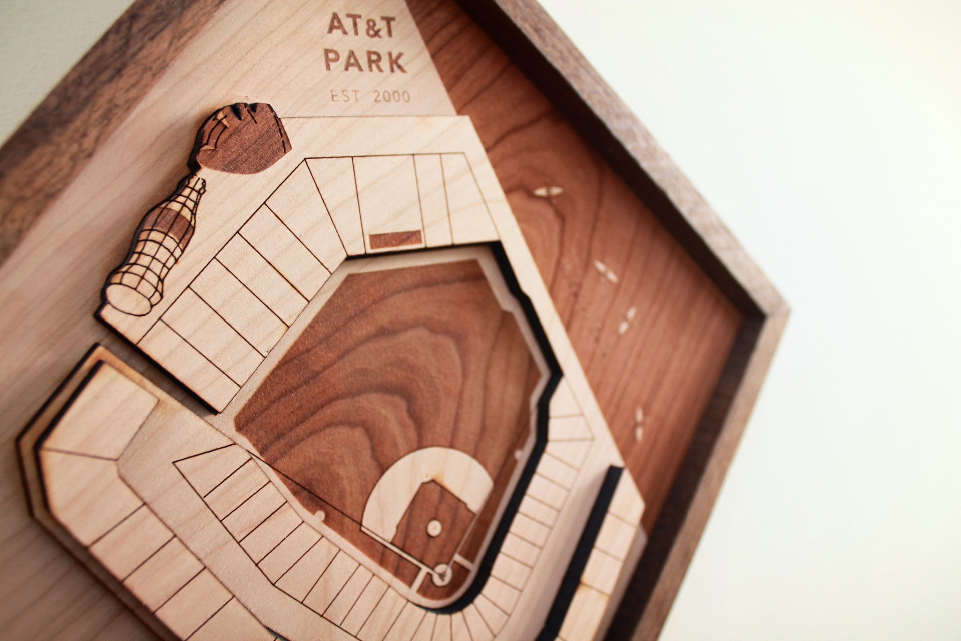 A beautifully crafted wooden representation of Nationals Park, featuring cherry wood and a black walnut frame, perfect for baseball fans.