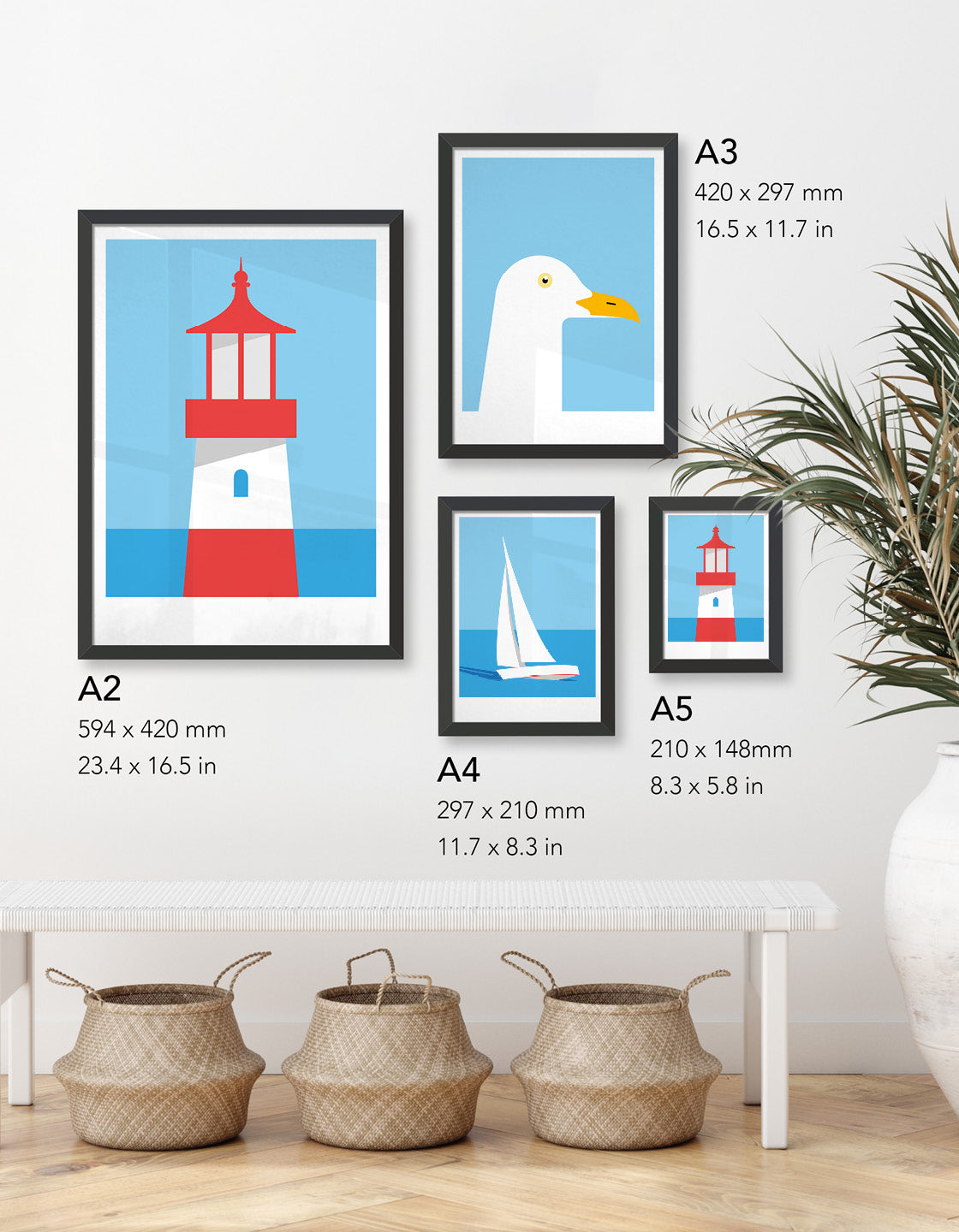 A set of three modern art prints featuring nautical themes, perfect for coastal decor.