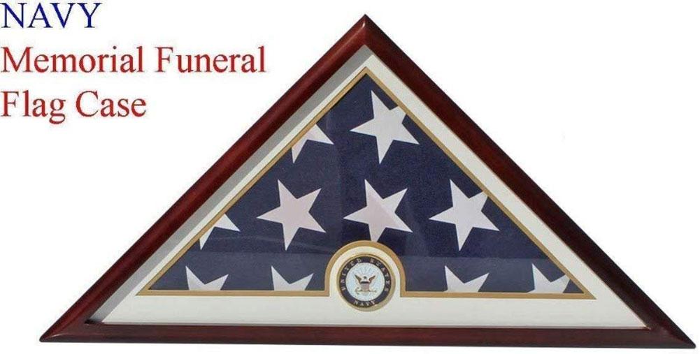 Navy Flag Display Case Box with a solid wood cherry finish and real glass front, designed for 5x9 burial flags.