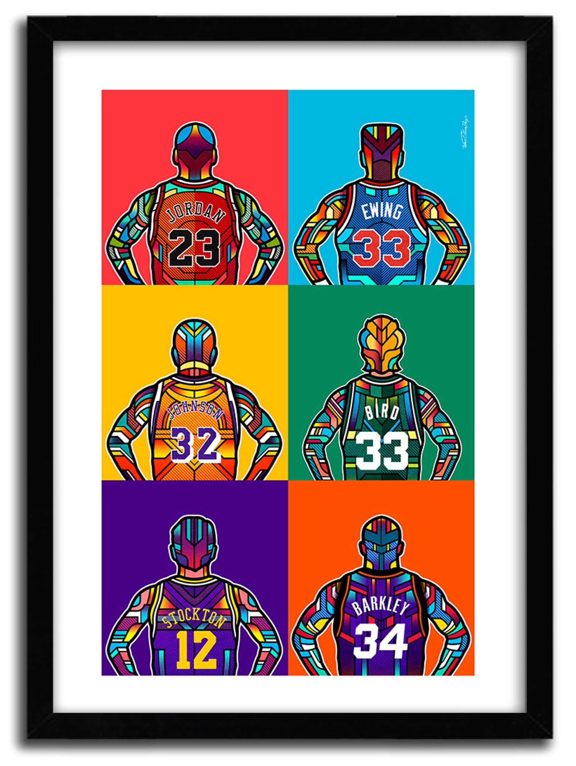 NBA LEGENDS art print by VAN ORTON, showcasing vibrant colors and basketball themes on fine arts paper.