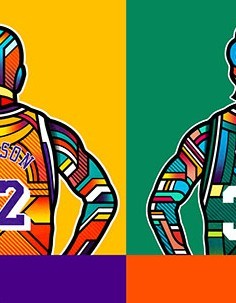 NBA LEGENDS art print by VAN ORTON, showcasing vibrant colors and basketball themes on fine arts paper.